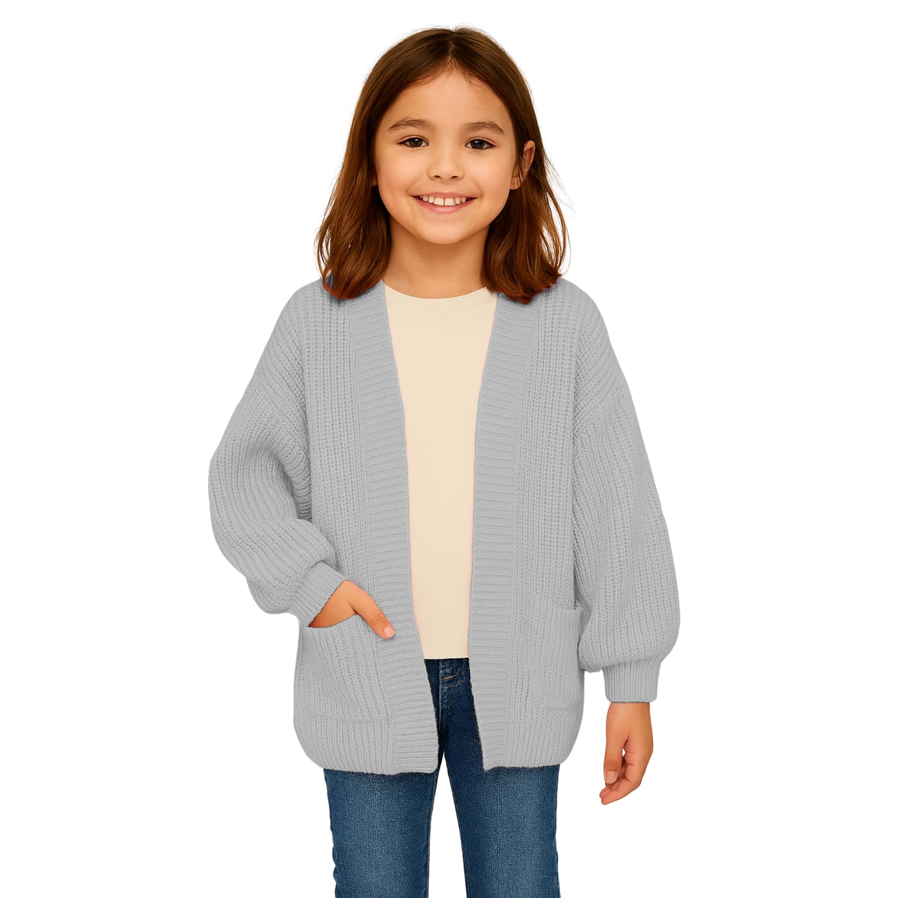 Hamishkane Girls Grey Hamishkane® Open Front Balloon Sleeve Cardigan, Chunky Knitted Oversized Cardigan With Pockets, Warm Winter Fall Cardigans, Age 7-13 Years