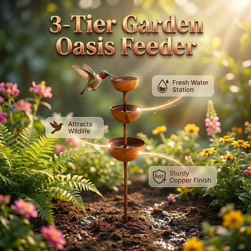 Rain Catcher - Plant Support Metal Garden Ornament, 2026 New Rain Catcher Garden Stake with 3-Tiered Water Bowls, Bird Bath & Butterfly Feeder, Outdoor Yard Art Decor (3)