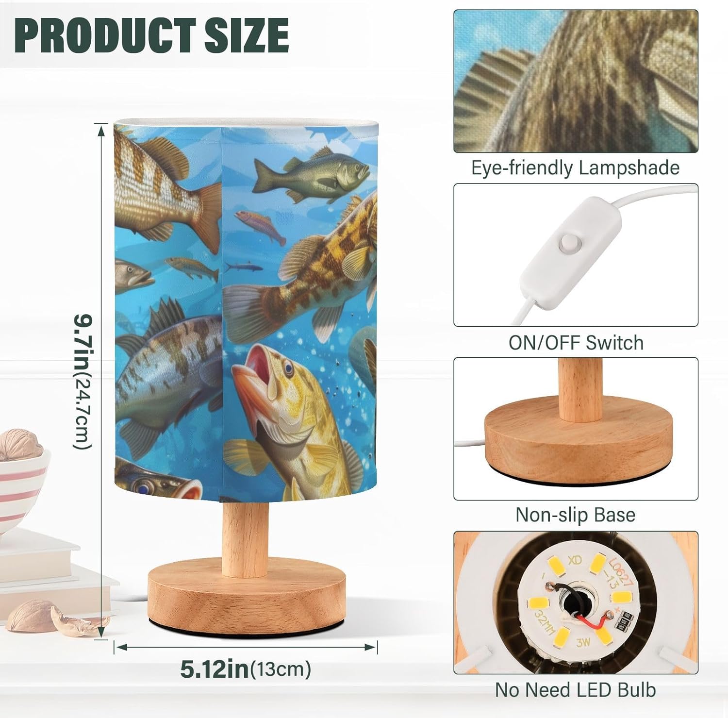 Table Lamp Colorful Bass Fish with USB Port for Bedroom Nightstand Lamp Small Bedside Lamps for Living Room, Office (LED Bulb Included)