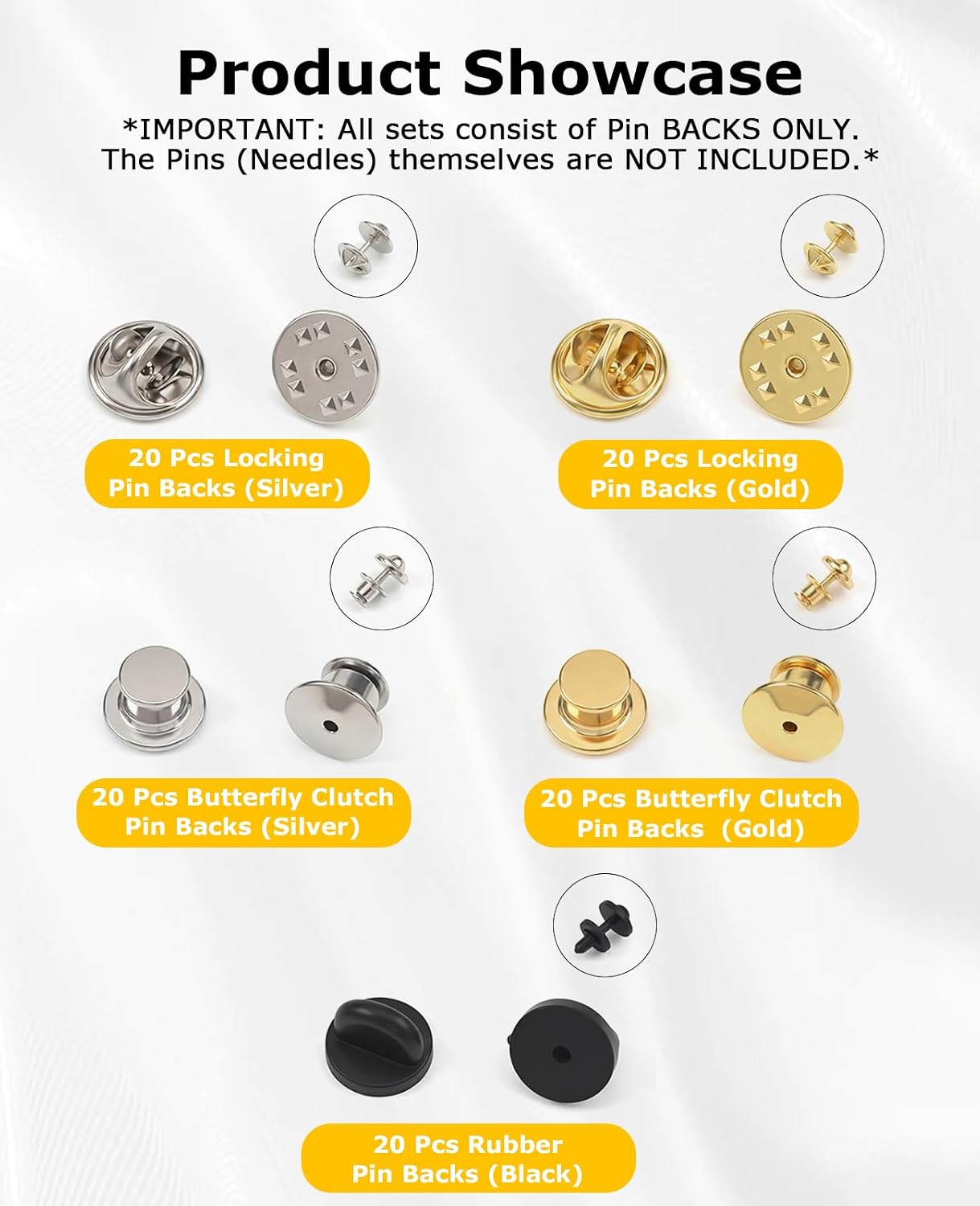 100 Pcs Locking Pin Backs Set, Metal Locking Keepers & Butterfly Clutches, Rubber Backings Replacement for Enamel Lapel Pins, Badges, Brooches (Gold, Silver, Black)