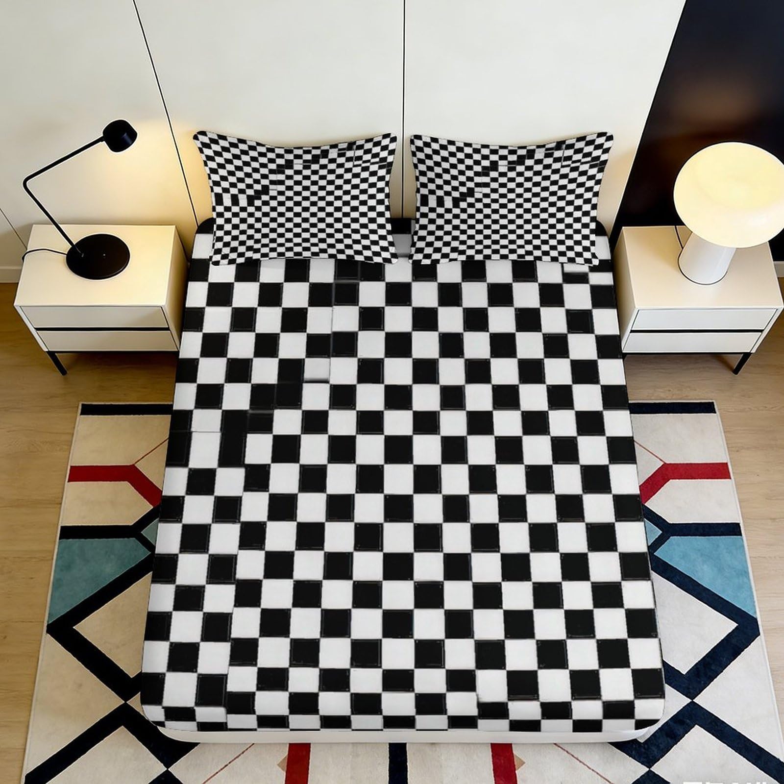 3D Printed Checkerboard Black White Fitted Sheet Microfiber Soft Breathable Chessboard Bed Sheet for Bedroom Dorm Mattress Protection Decor 90x200x25cm