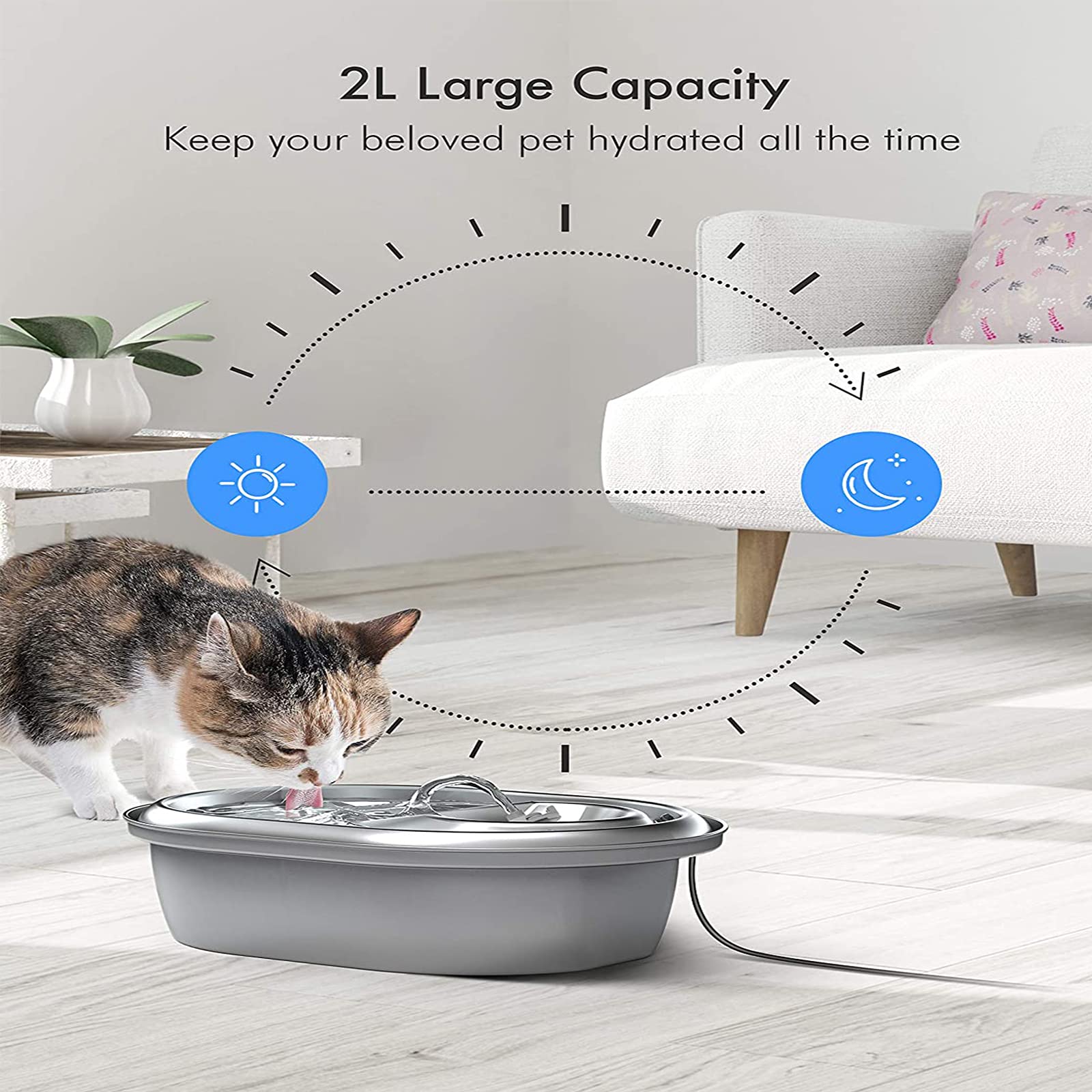 Fuente De Agua para Gatos De Acero Inoxidable, Fuente para Mascotas De 2 L, Fuentes De Agua Automáticas Ultra Silenciosas para Gatos con 3 Filtros De Repuesto