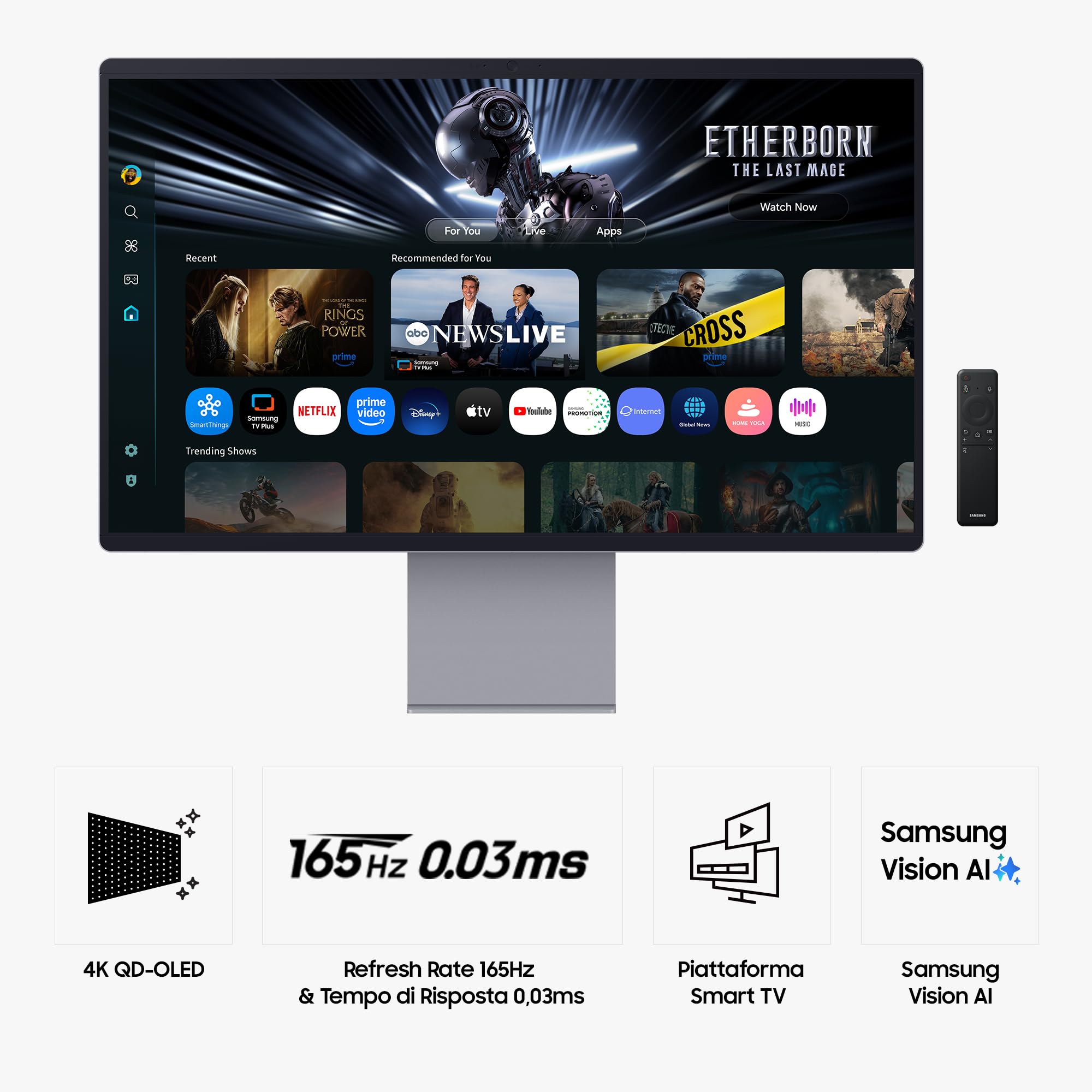 Samsung Smart Monitor M9 (S32FM900), Flat 32'', 3840x2160 (UHD 4K), Smart Hub con AI, Pannello QD-OLED, Office 365, Gaming Hub, Speaker Integrati, Telecomando, WiFi, HDMI, DP, USB-C