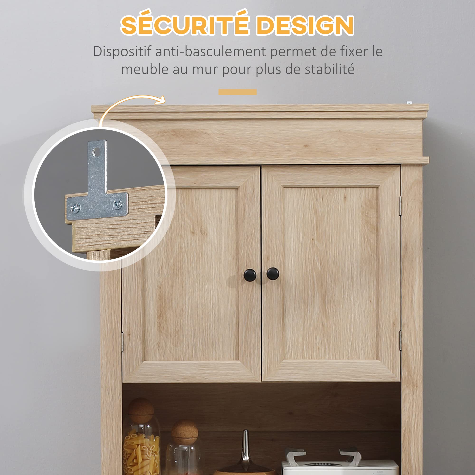 HOMCOM Armadio da cucina credenza cucina cucina stoviglie armadio stile moderno con armadi ripiani regolabili cassetto e nicchia, per sala da pranzo, soggiorno, 74 x 39,5 x 183 cm, rovere chiaro