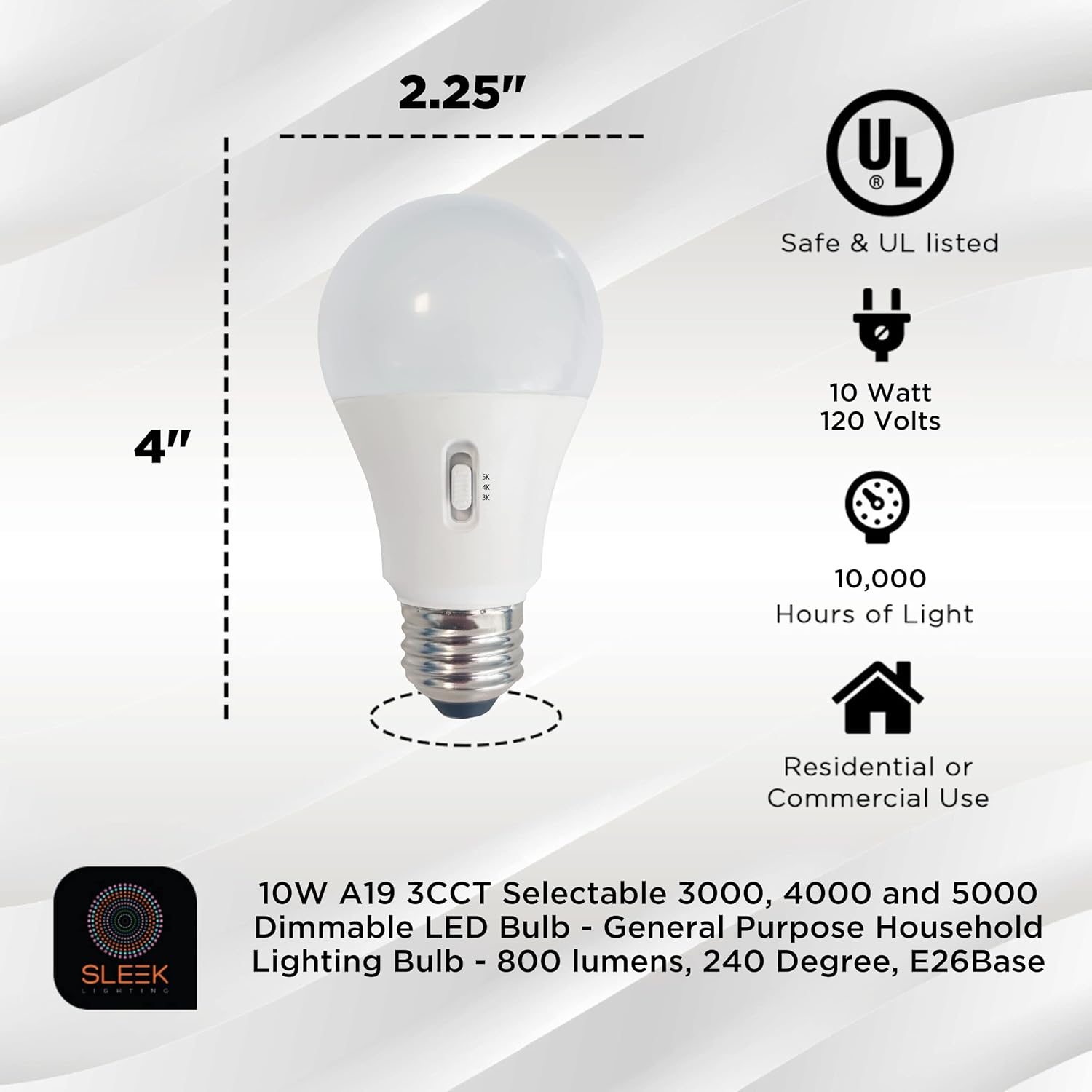 SleekLighting 10W A19 3CCT Selectable 3000, 4000 and 5000 Dimmable LED Bulb -General-Purpose Household Lighting Bulb - 800lm, 240 Degree, E26, UL & ES Listed - Uses 10 Watts of Energy Pack of 2