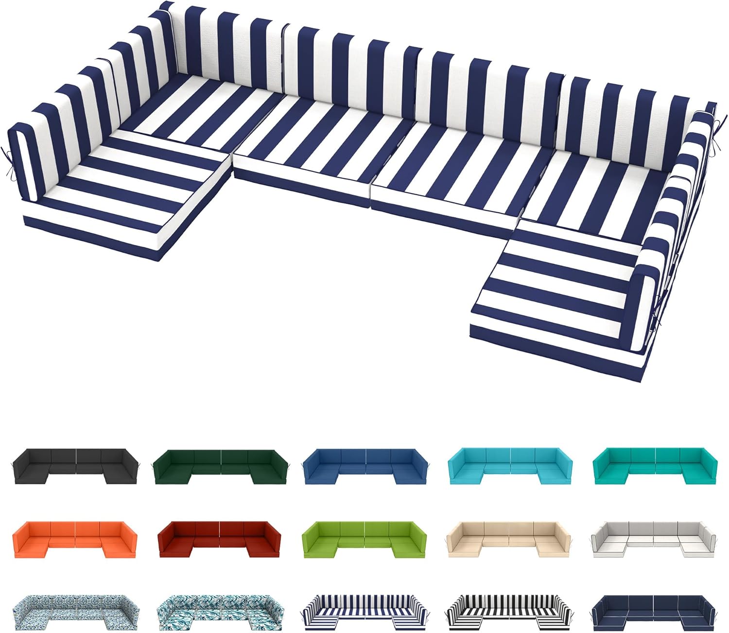 Outdoor Sectional Cushions 14-Piece Replacement Cushions Set for 6-Seat Patio Furniture Waterproof 4'' Thick Outdoor Sofa Cushion Patio Wicker Couch Cushion (Blue Stripe, 14-Piece Set)