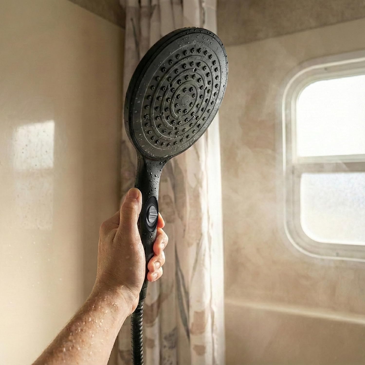 Dura Faucet DF-SA434-MB RV 6 inch Rain Shower Wand (Matte Black) | Single-function handheld spray with water-saving control. Fits standard RV shower hoses.