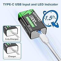 Vista 2 de WAVYPO Paquete de 2 baterías recargables de 9 V de 1300 mAh, baterías de iones de litio de 9 voltios de larga duración con cable de carga rápida