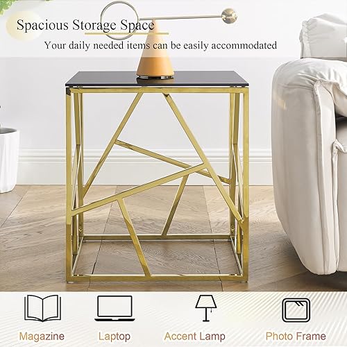 Miniatura 5 de WOKER FURNITURE Mesa auxiliar de cristal negro con marco geométrico de metal dorado, mesa auxiliar moderna de 20 pulgadas con parte superior de
