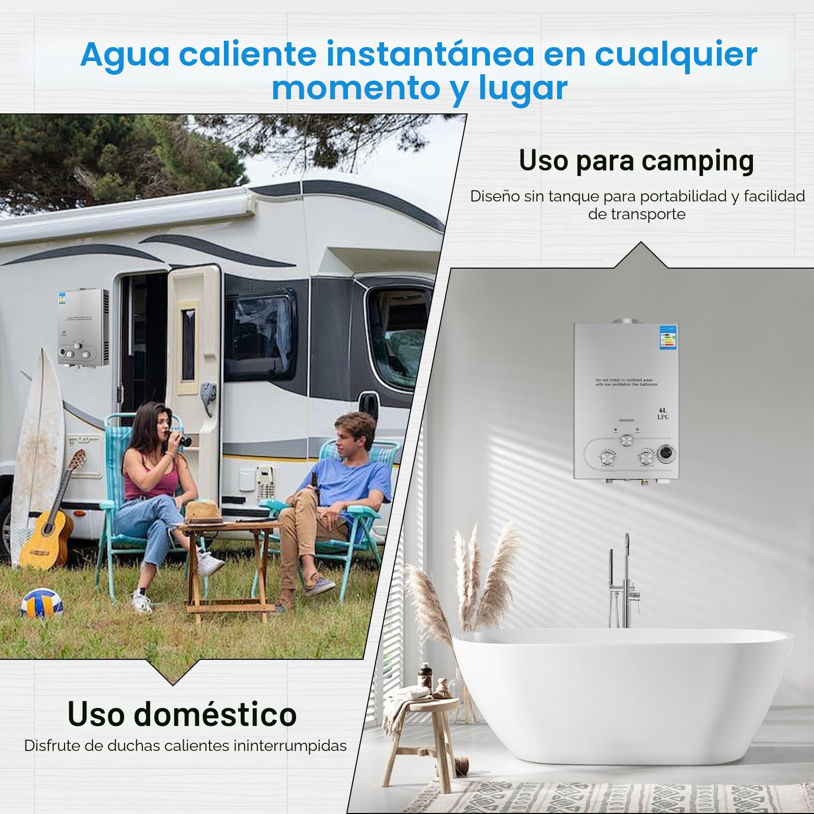Calentador de agua de gas propano GPL 6L/8L, modo invierno-verano, calentador instantáneo sin depósito 16kw, kit ducha, quemador camping-RV-casa (6L)