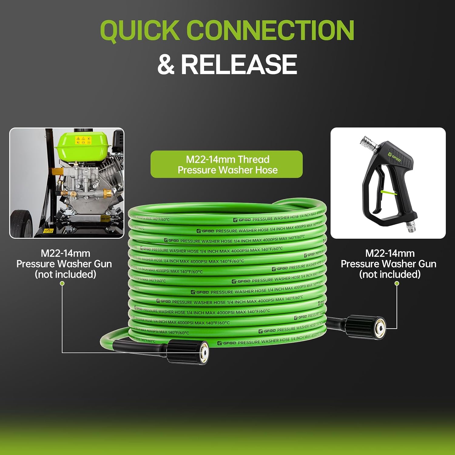 Pressure Washer Hose 50FT X 1/4”, 4000 PSI Flexible Power Washer Hose with Leak Free Brass M22 14mm Quick Connect, Heavy Duty Replacement Car Wash Hose, Green