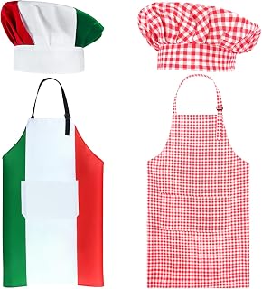 4 Pieces Italian Costume Flag Chef Apron Red Gingham Hat Kit for Women Men Italy Pizza Themed Party Decorations Supply