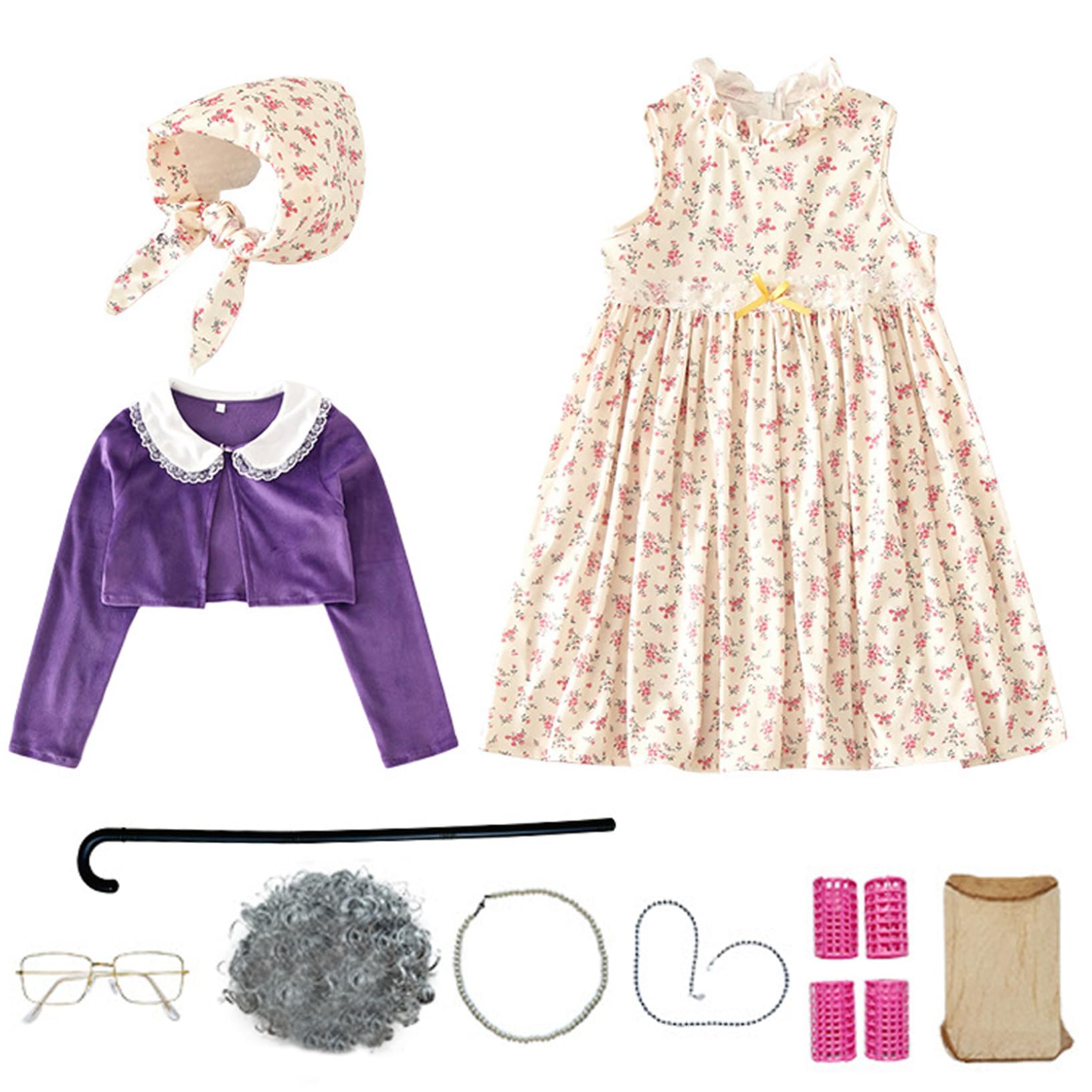 Joygoodta Old Lady Costume for Kids, 10Pcs/Set 100 Days of School Costumes, Grandma Costume for Children - (M, 130cm)