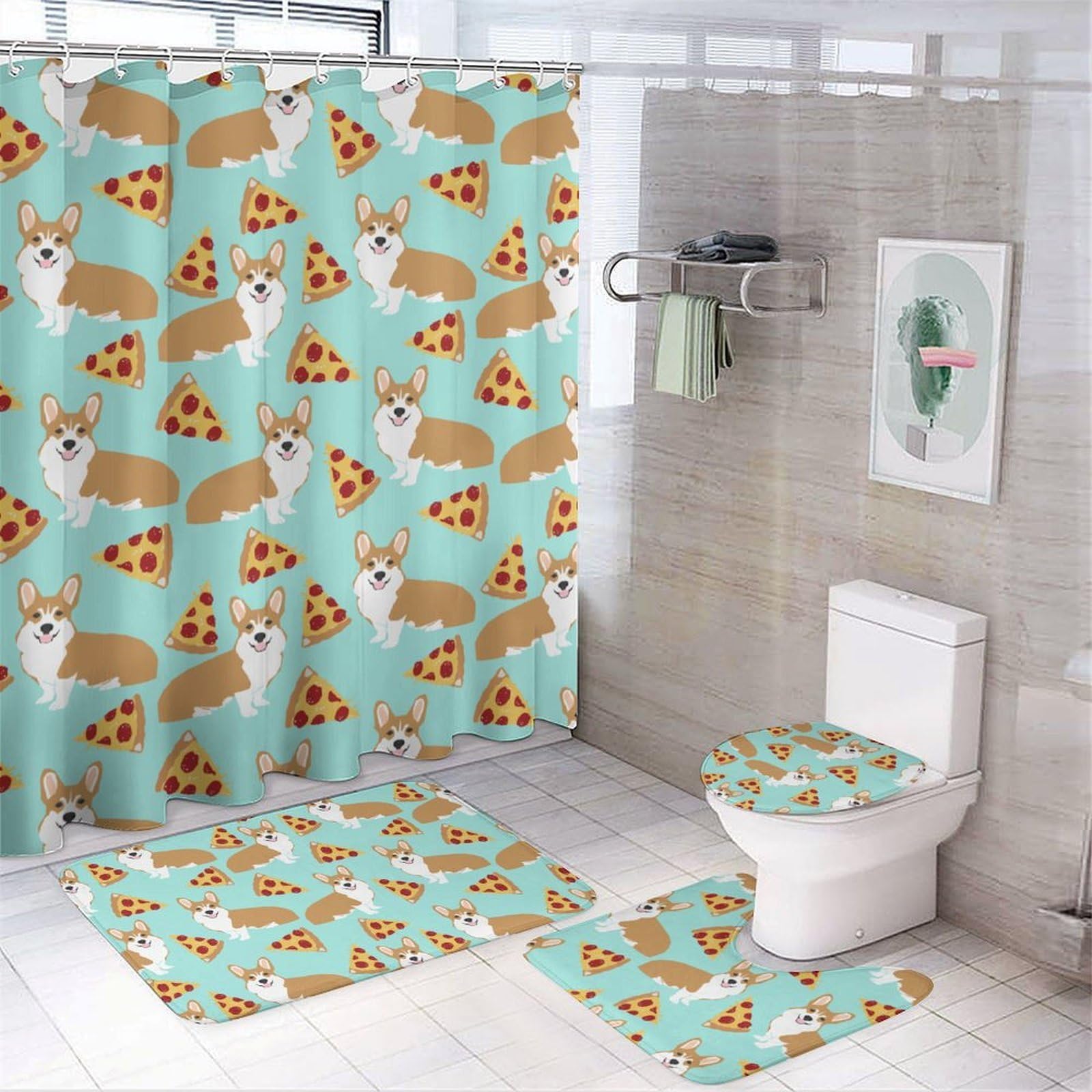 JZemdybill Bathroom Mat Set 4 Piece, Corgi Shower Curtain with Non-Slip Bath Mats for Bathroom