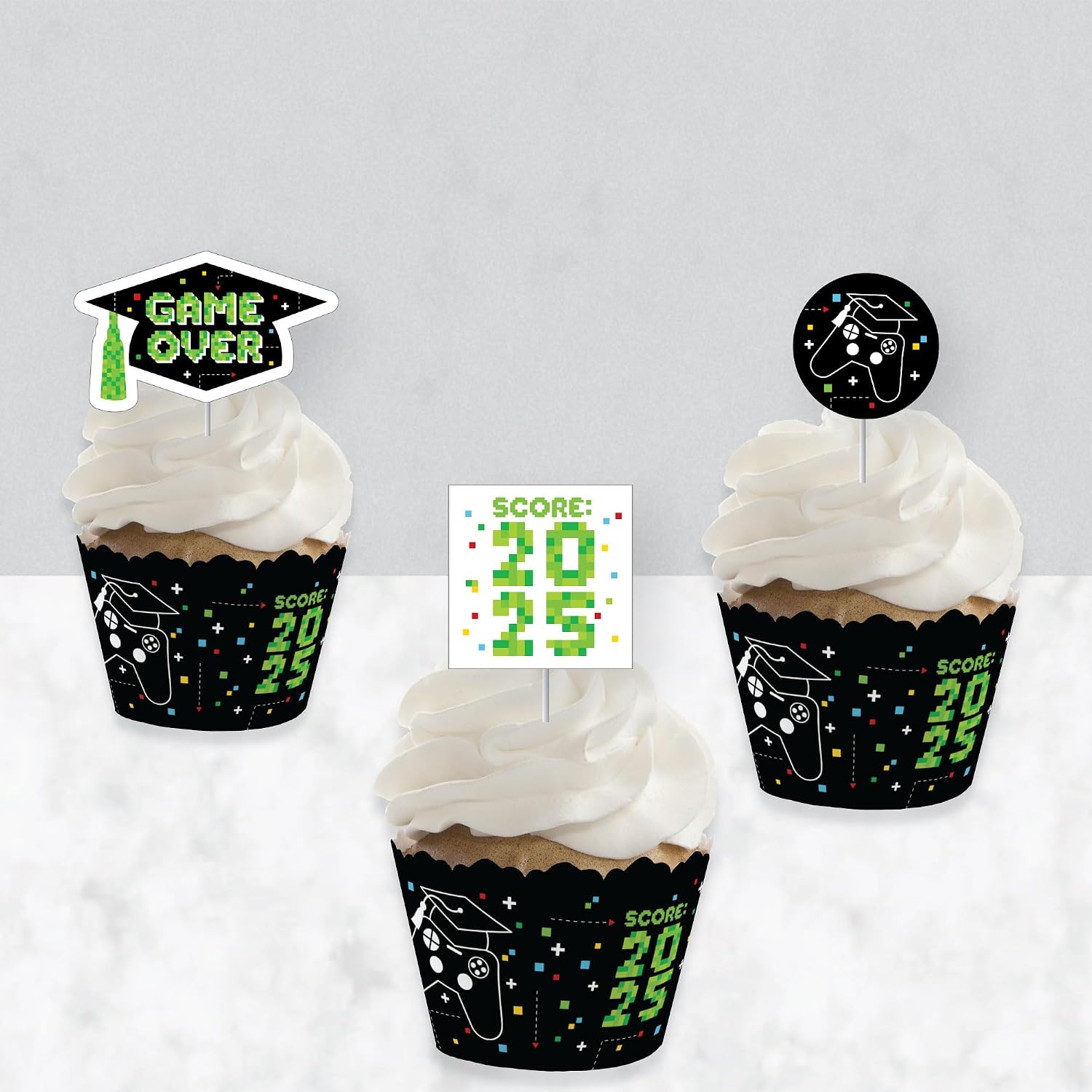 Big Dot of Happiness Game Over - Cupcake Decoration - Video Game Graduation Party Cupcake Wrappers and Treat Picks Kit - Set of 24