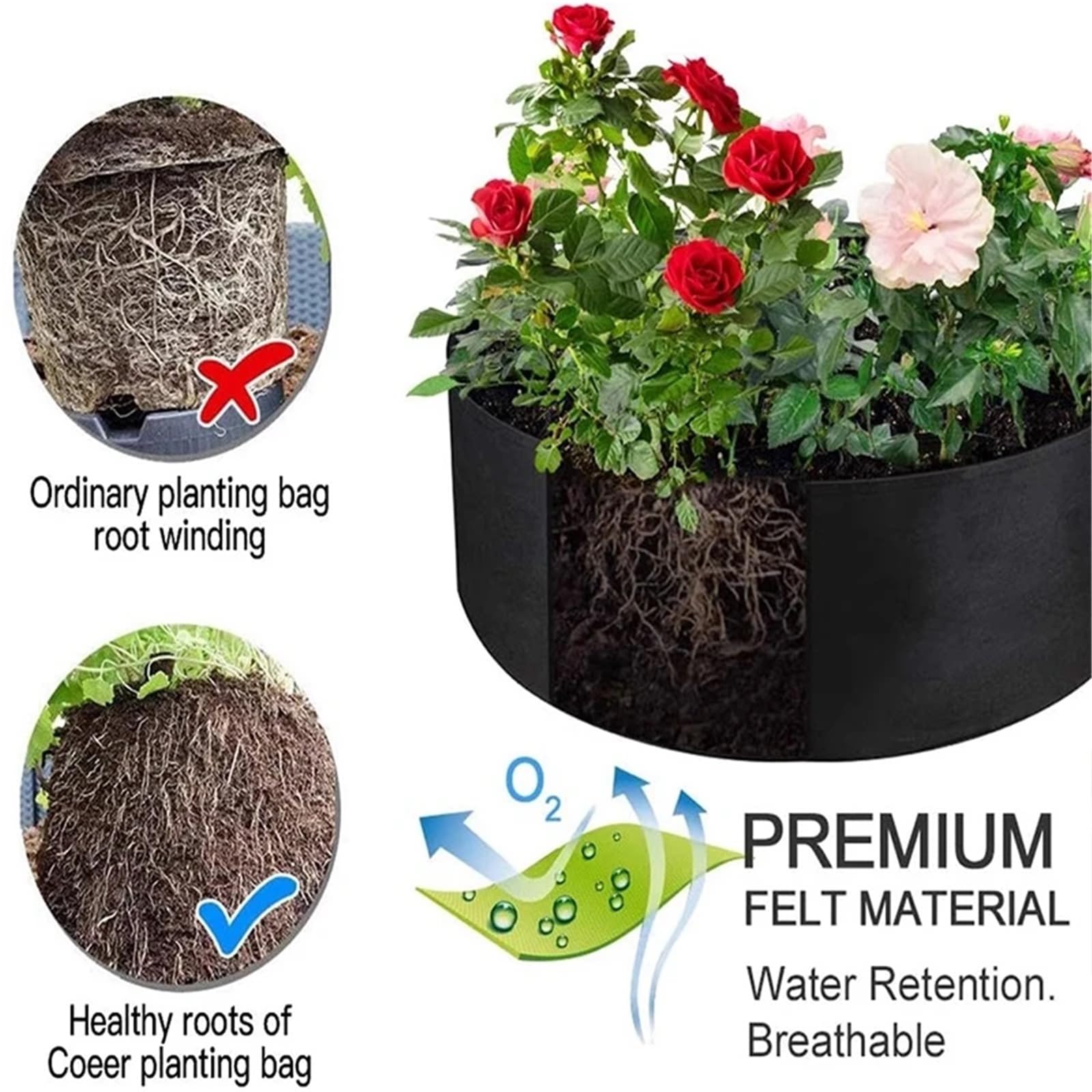 Bolsa de Cultivo Fieltro for jardín, Bolsa Redonda for Plantar, Transpirable, Fresa, Verduras, Tomate, Accesorios for y Patio al Aire Libre, 3 uds para Verduras(Green,60cmx20cm)