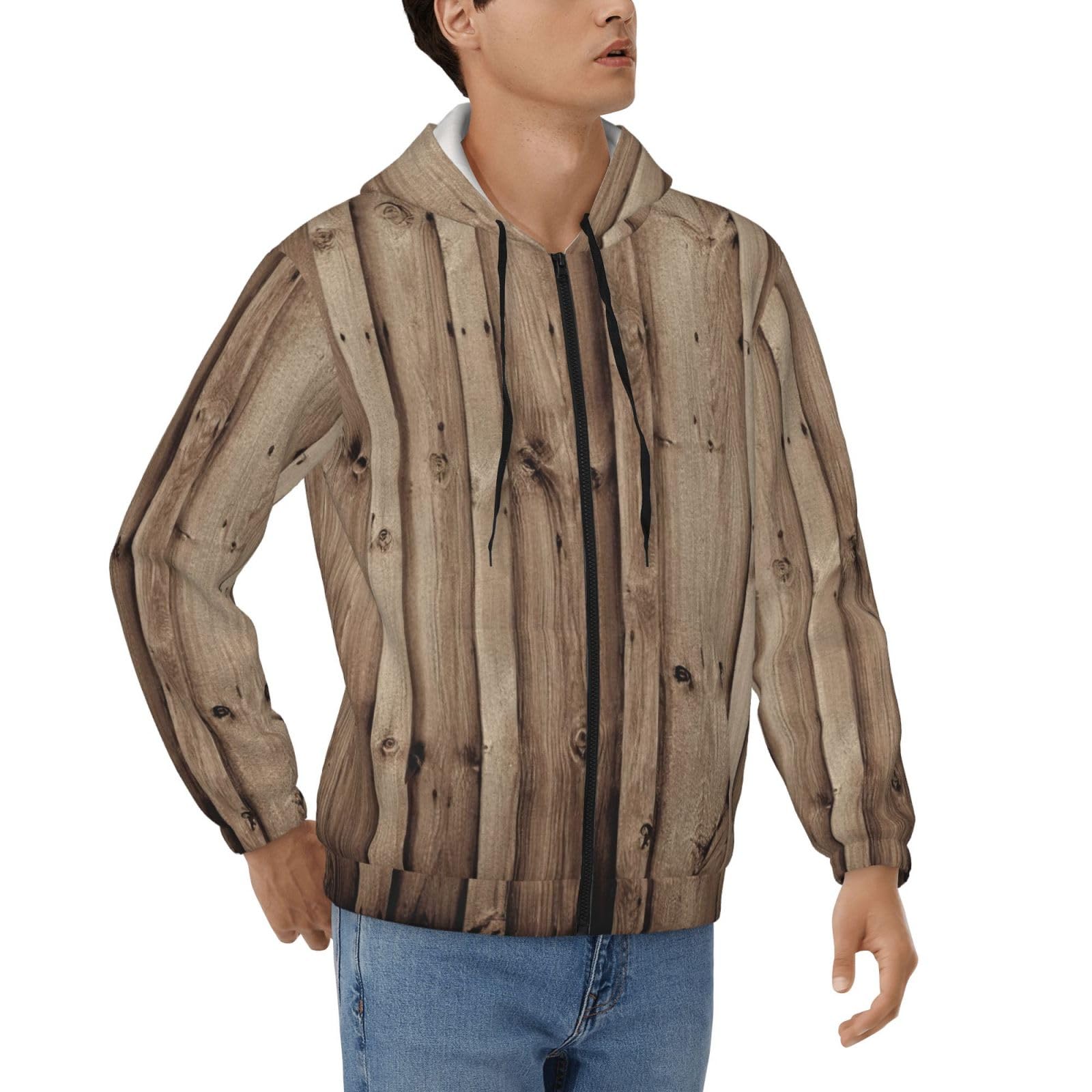 Sweat à capuche zippé en polyester doux imprimé bois masculin - 8