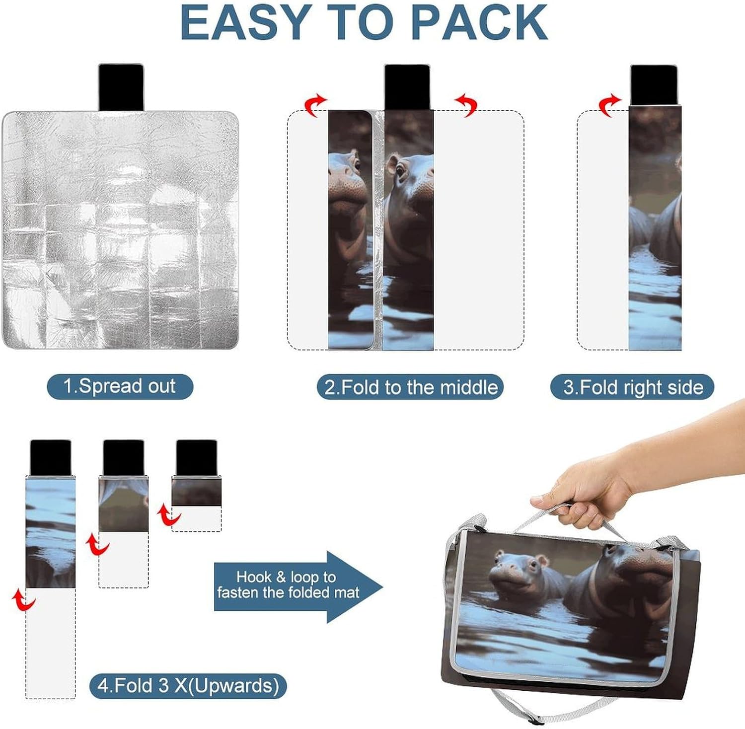 Baby Hippos Waterproof Picnic Blanket 58.3''x58.3'',Portable and Foldable Picnic Mat with Handle,Outdoor Blankets for Lawn Park Beach Travel