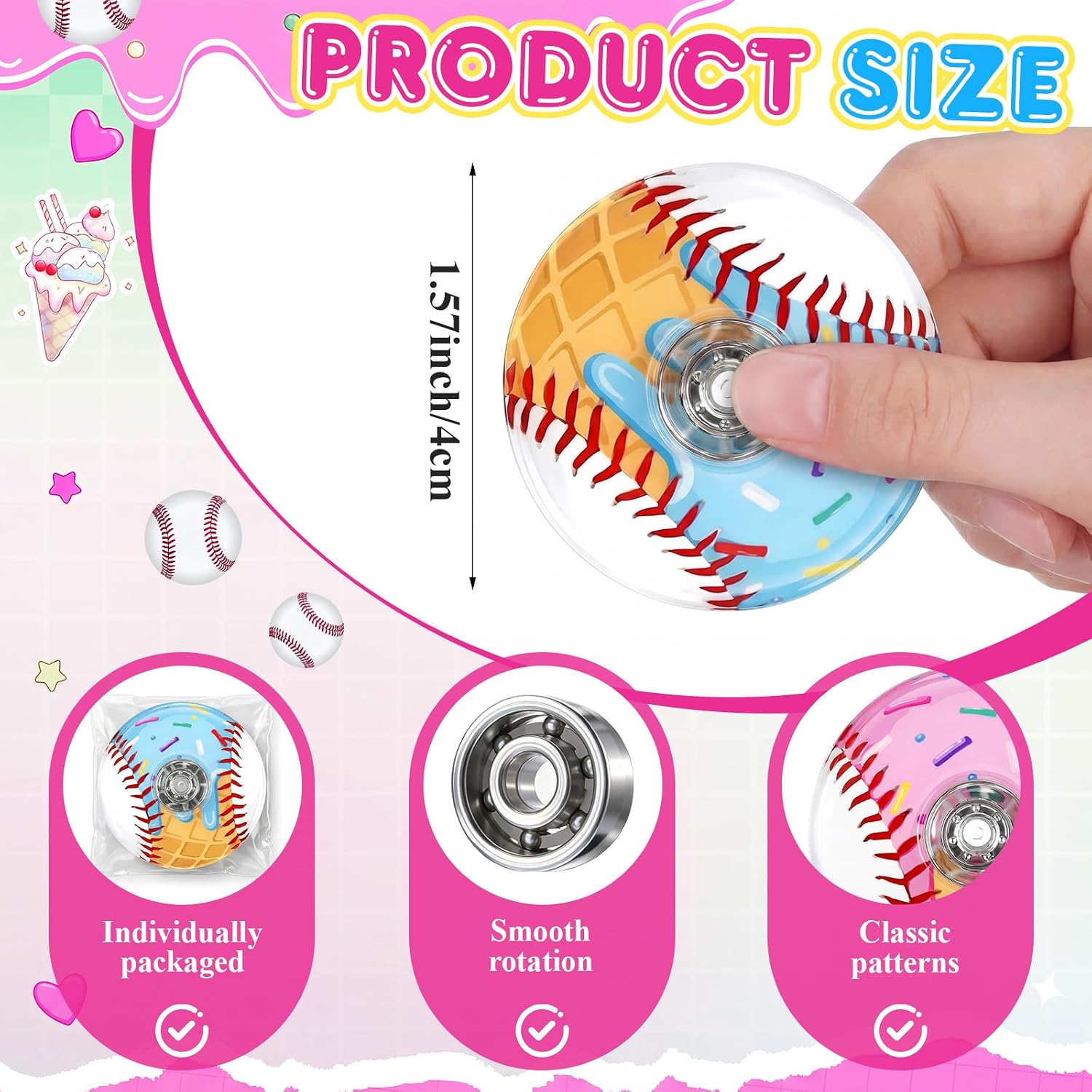 48 Pcs Ice Cream Dripping Baseball Fidget Spinners Bulk Mini Fidget Spinners for Birthday Party Favors, Goodie Bags Stuffers, Party Game Supplies, Rewards, Carnival Prizes and Gifts image 2