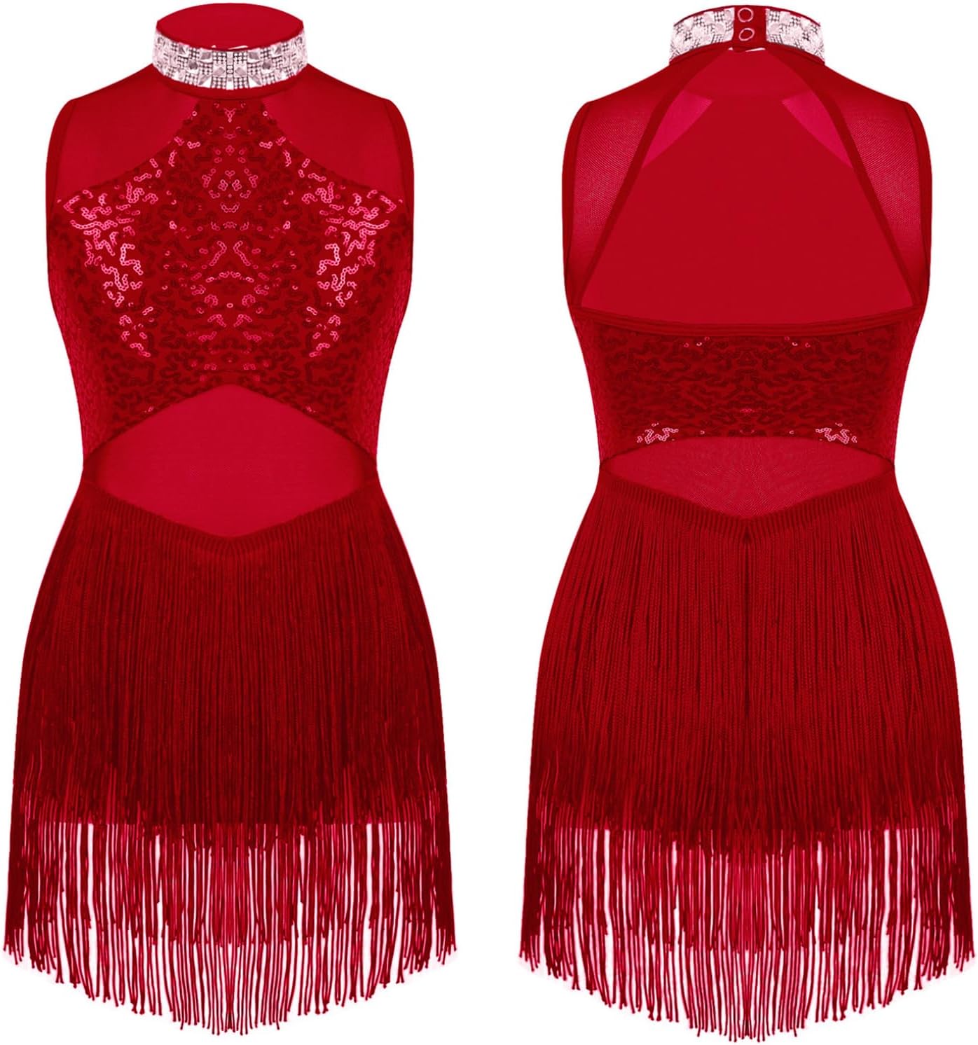 JEATHA Kids Girls Latin Jazz Modern Dance Costume Sequins Cut Out Back Leotard Tassel Dress Dancewear