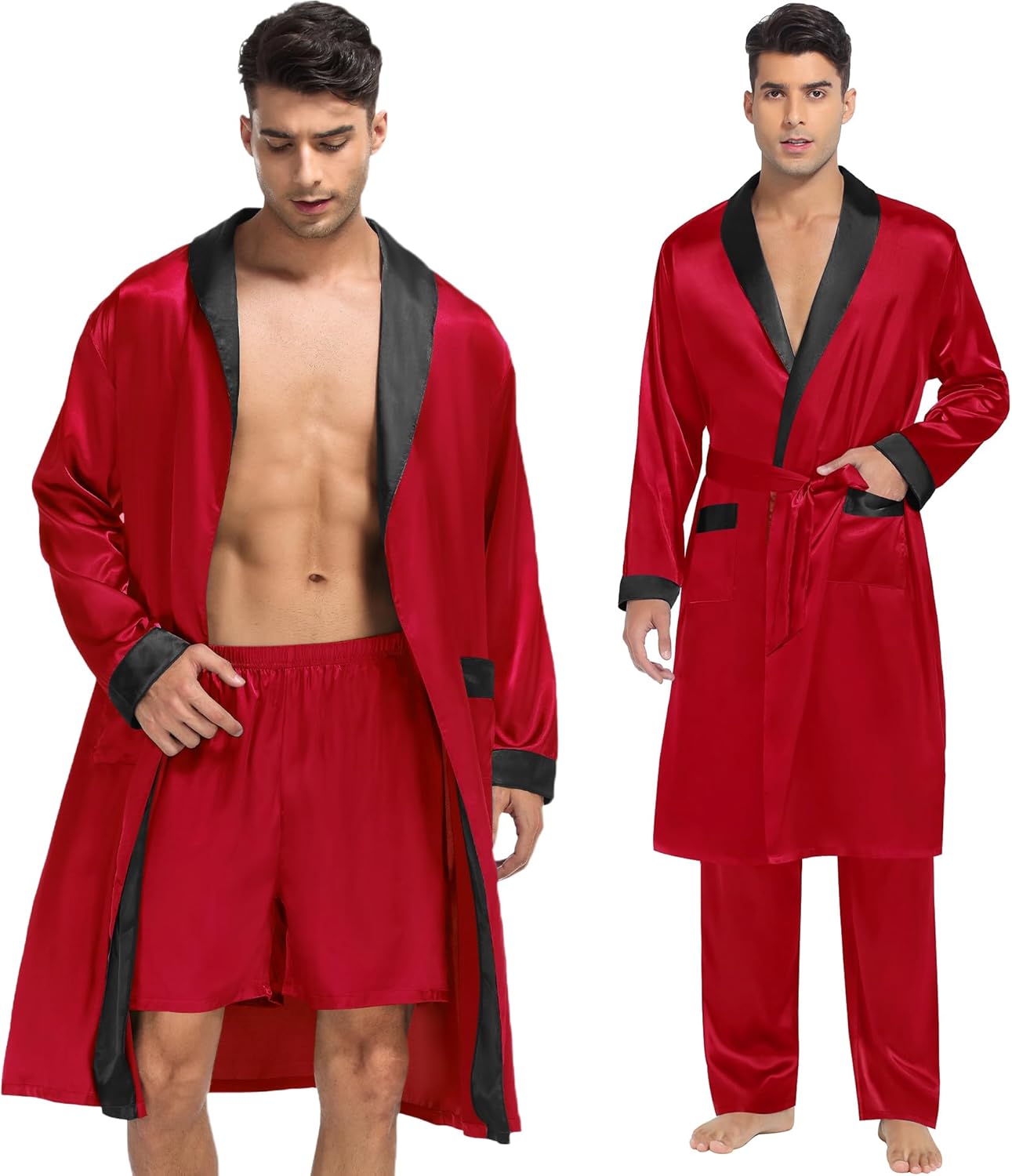 SWOMOG Men's 3 Pcs Robe Silk Satin Kimono Bathrobe with Shorts&Pants Set Lightweight Soft Sleepwear - Image 2