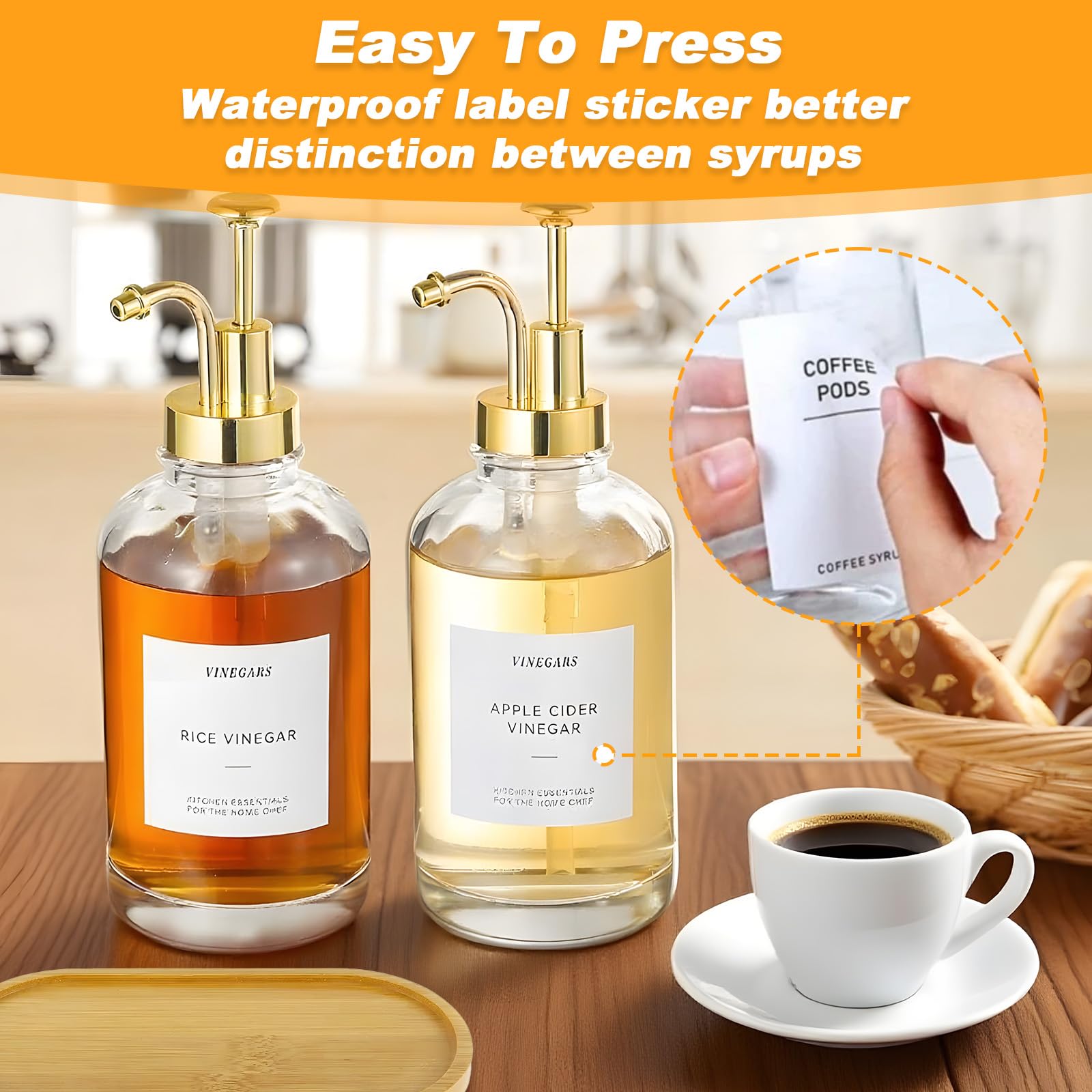 Set 2 Distributore Sciroppo Caffè, con Pompa Dorata, 36 Etichette, Imbuto, Pallet, 500ml Bottiglie Vetro, Dispenser Pompe, Bottiglia Aceto Olio, Erogatore, Accessori Bar, Erogatori Sciroppo per Cucina