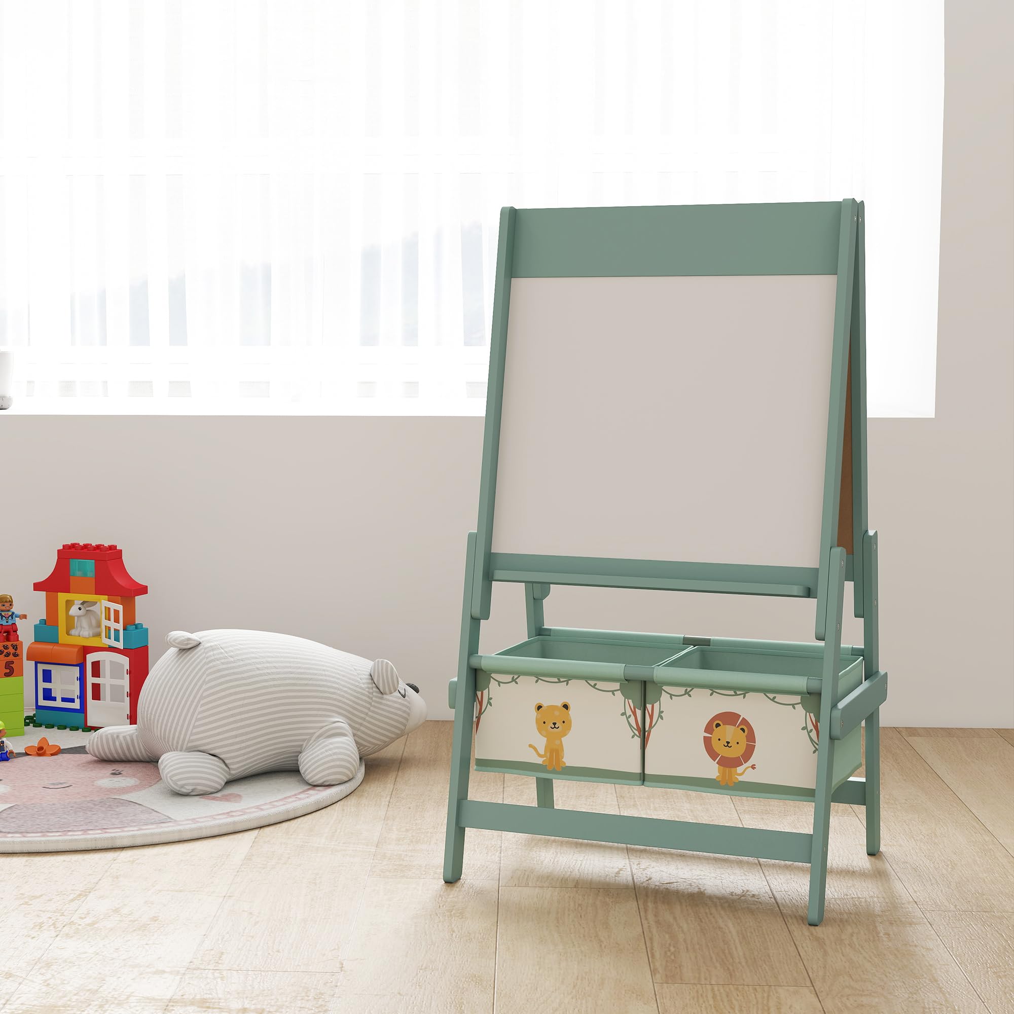 AIYAPLAY Lavagna per Bambini 3 in 1 con Rotolo di Carta e 2 Cestelli Portaoggetti, Lavagna con Cavalletto in Legno di Pino e MDF, 54x46x94 cm, Verde