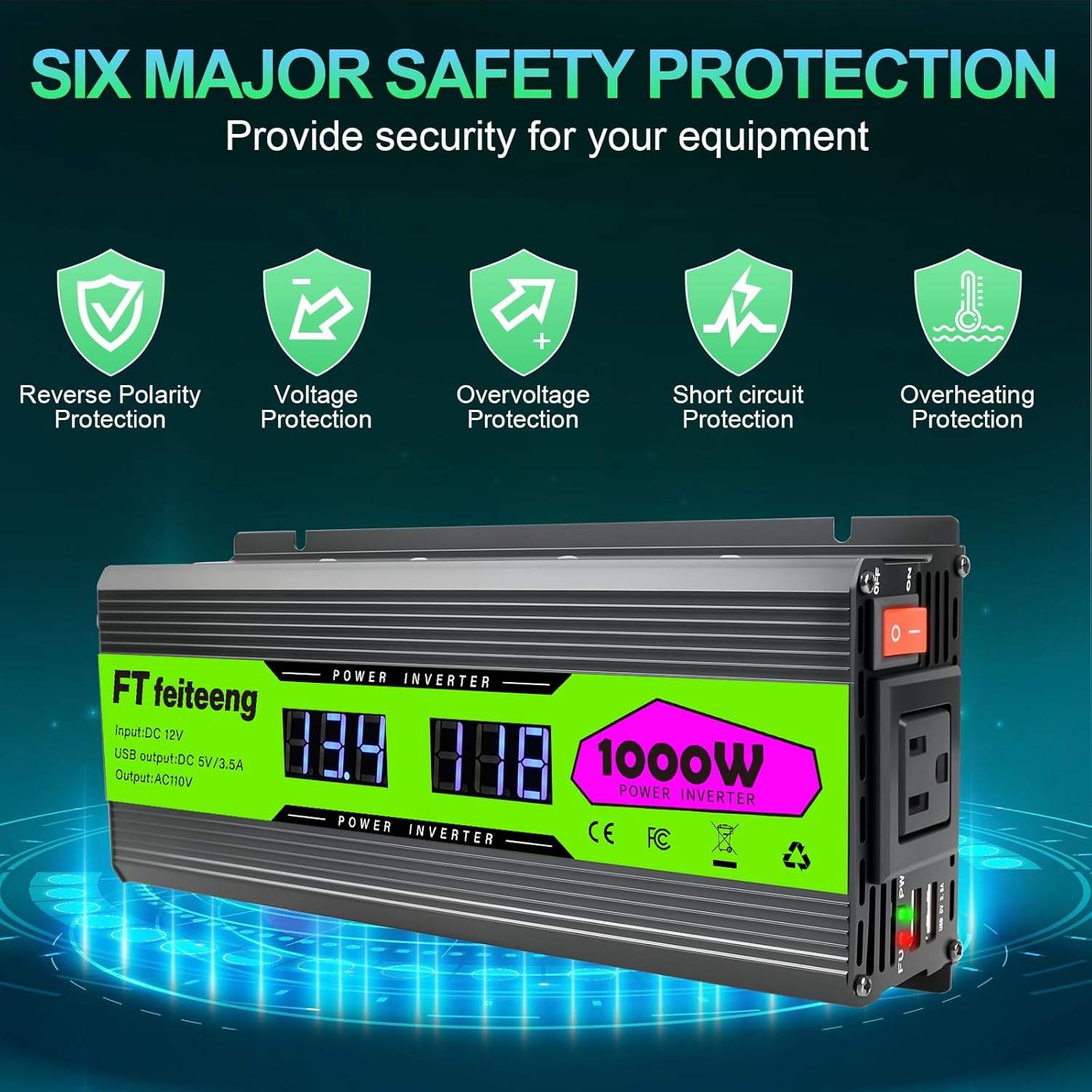 1000 Watt Inverter, 12v Dc to 110v/120v Ac Car Inverter with LCD Display, Ac Socket and 2 USB Ports Car Power Inverter for Truck, Home, Vehicles, Laptops and Traveling Power Inverter.
