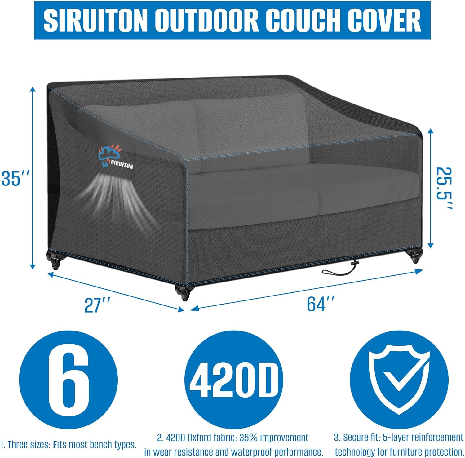 SIRUITON 3-Seat Garden Patio Sofa/Loveseat/Bench Cover 64" W x 26" D x 35" H,Heavy Duty 420D Oxford Waterproof Outdoor Sofa Cover, Lawn Patio Furniture Covers