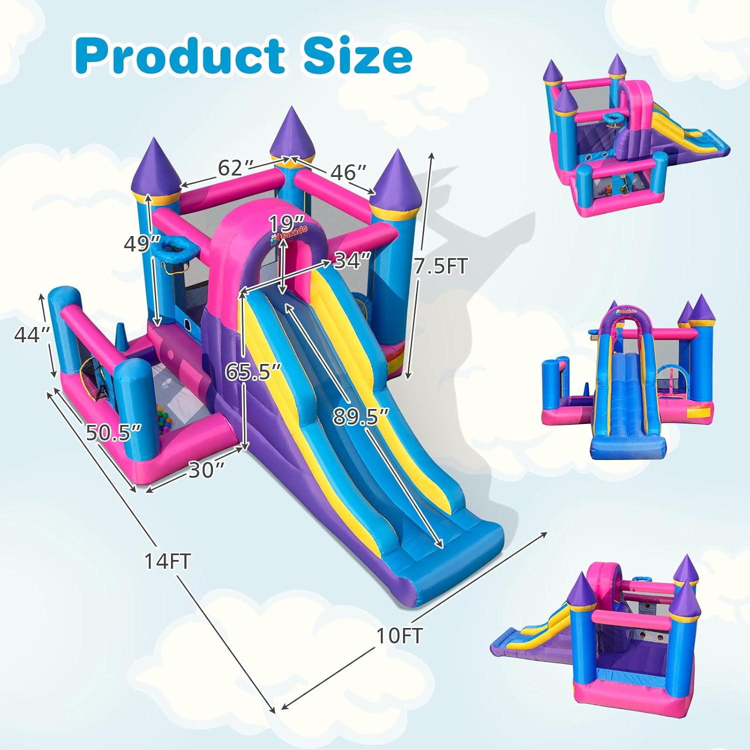 OLAKIDS Inflatable Bounce House, Kids Pink Jumping Castle with Slide, Ball Pit, Climbing Wall, Basketball Rim, Indoor Outdoor Inflatable Obstacle Course with 680W Blower 50PCS Ocean Balls