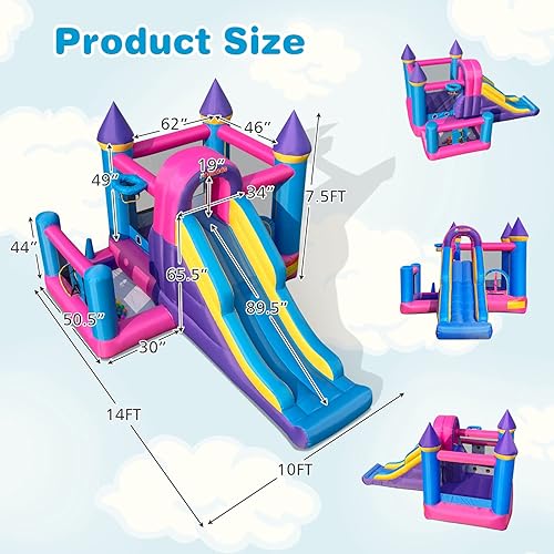 Miniatura 7 de OLAKIDS - Casa inflable para saltar, castillo rosa para niños con tobogán, piscina de pelotas, pared de escalada, aro de baloncesto, curso