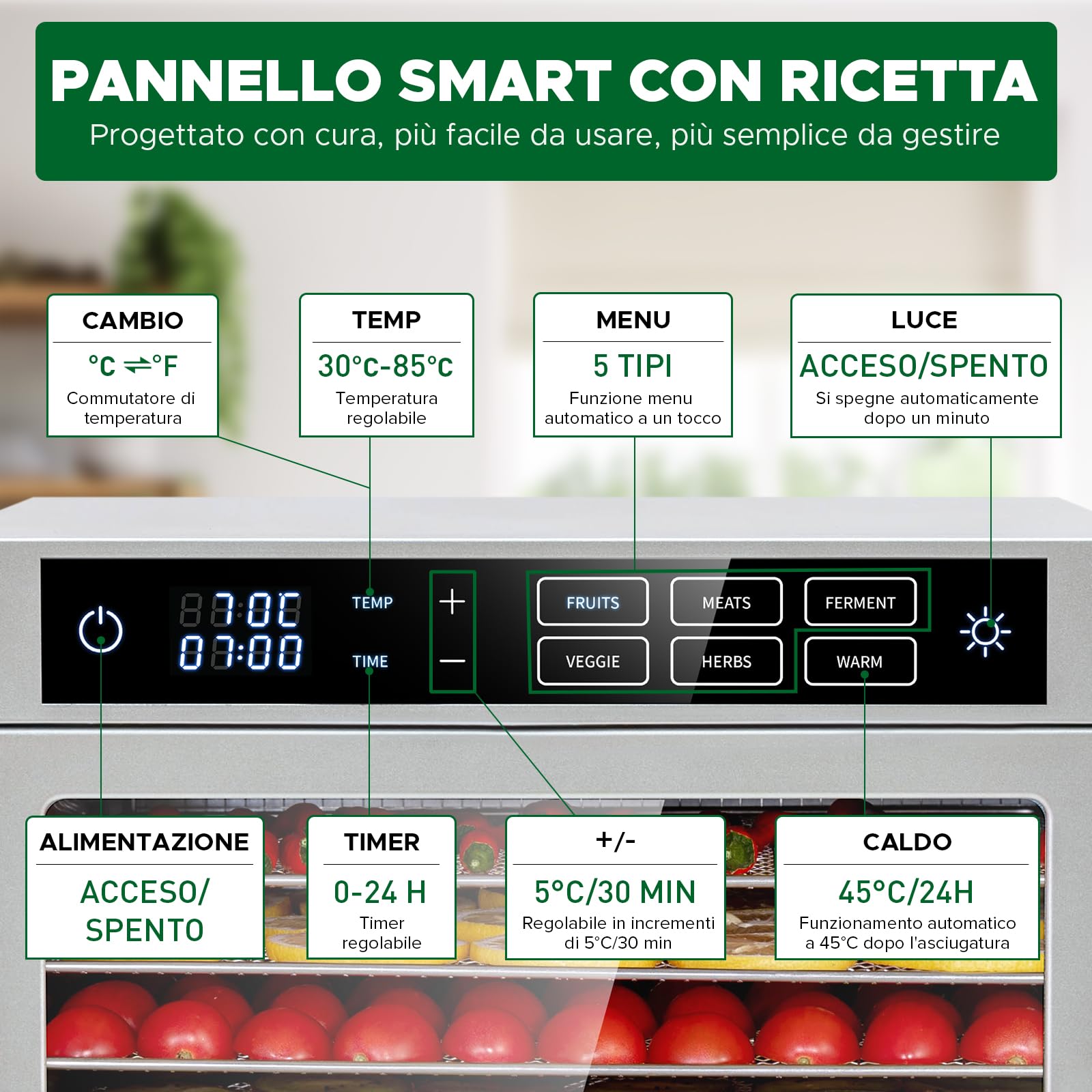 Kwasyo Essiccatore Alimentare professionale in Acciaio Inossidabile 12 Vassoi, 6 Funzioni Preimpostate, Essiccatore 800W, 6 Tappetini in Silicone, 2 Barattoli, 2 Vassoi per Rotoli di Frutta Inclusa