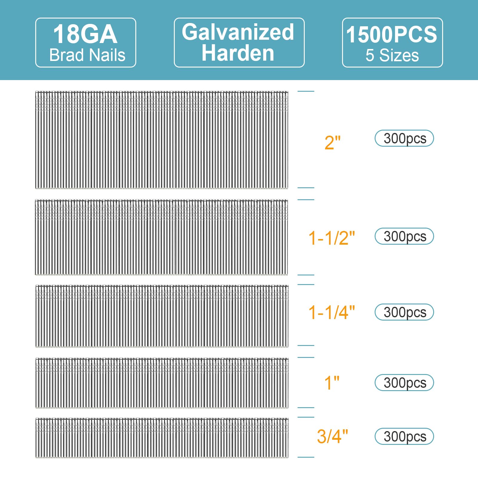 18 Gauge Brad Nails, 1500PCS Galvanized Nail Gun Nails for Pneumatic, Electric Brad Nail Gun, 5 Sizes (2inch,1-1/2 inch,1-1/4 inch,1 inch,3/4 inch) 18 GA Brad Nails