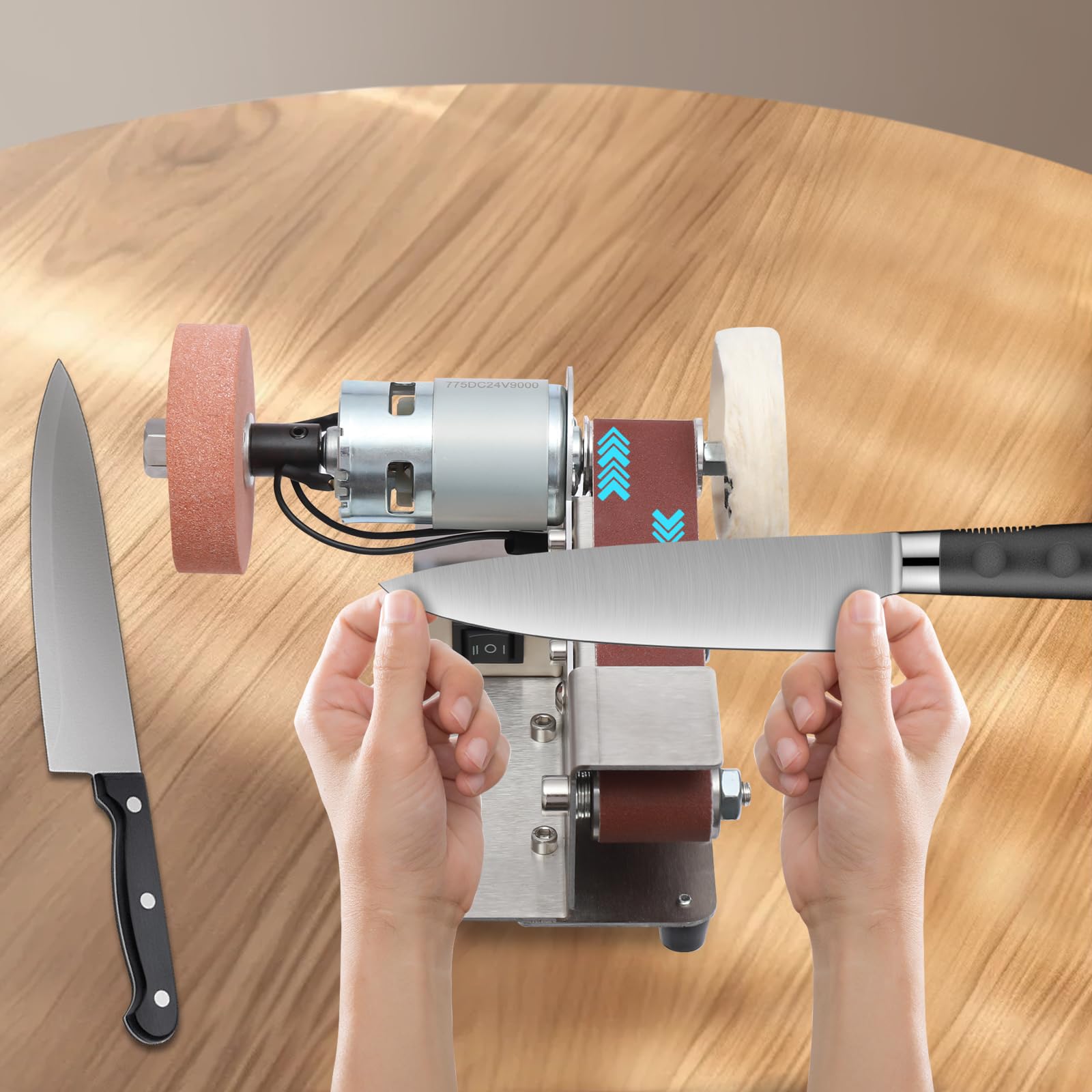 Mini lijadora de banda y mini pulidora eléctrica, pulidora y pulidora, taller y bricolaje, nivel 7, ajustable para metal, madera y plástico, incluye baños de lijado y disco de lijado
