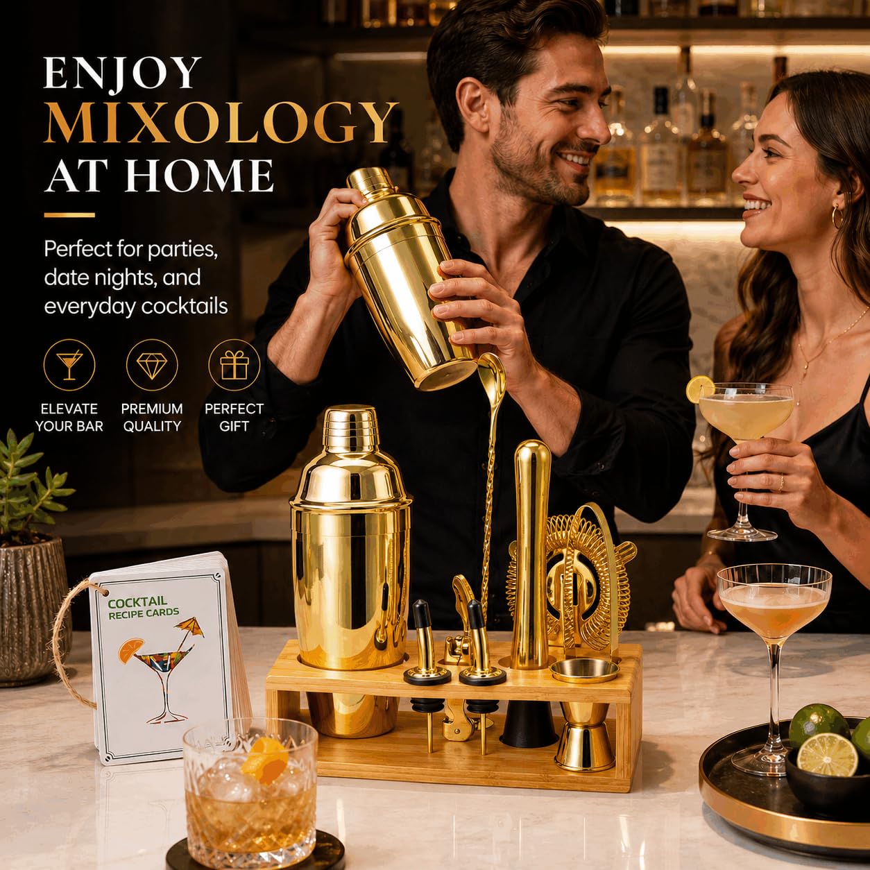 Gold Cocktail Shaker Set, Premium 18/8 Stainless Steel Mixology Bartender Kit with Stylish Bamboo Stand 10-Piece Bar Tools & Accessories for Home Bar for Men, Dad, Husband view 7