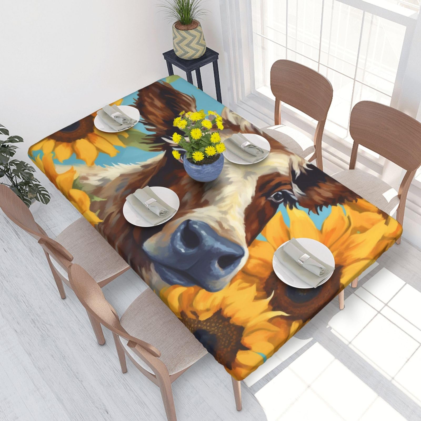 Dcarsetcv Cow With Sunflowers In Blue Printed 4Ft Waterproof Tablecloth With Elastic Edged Protect & Decor Your Table, Oil-Proof Washable Table Cloth Cover For Dinner Picnic Party