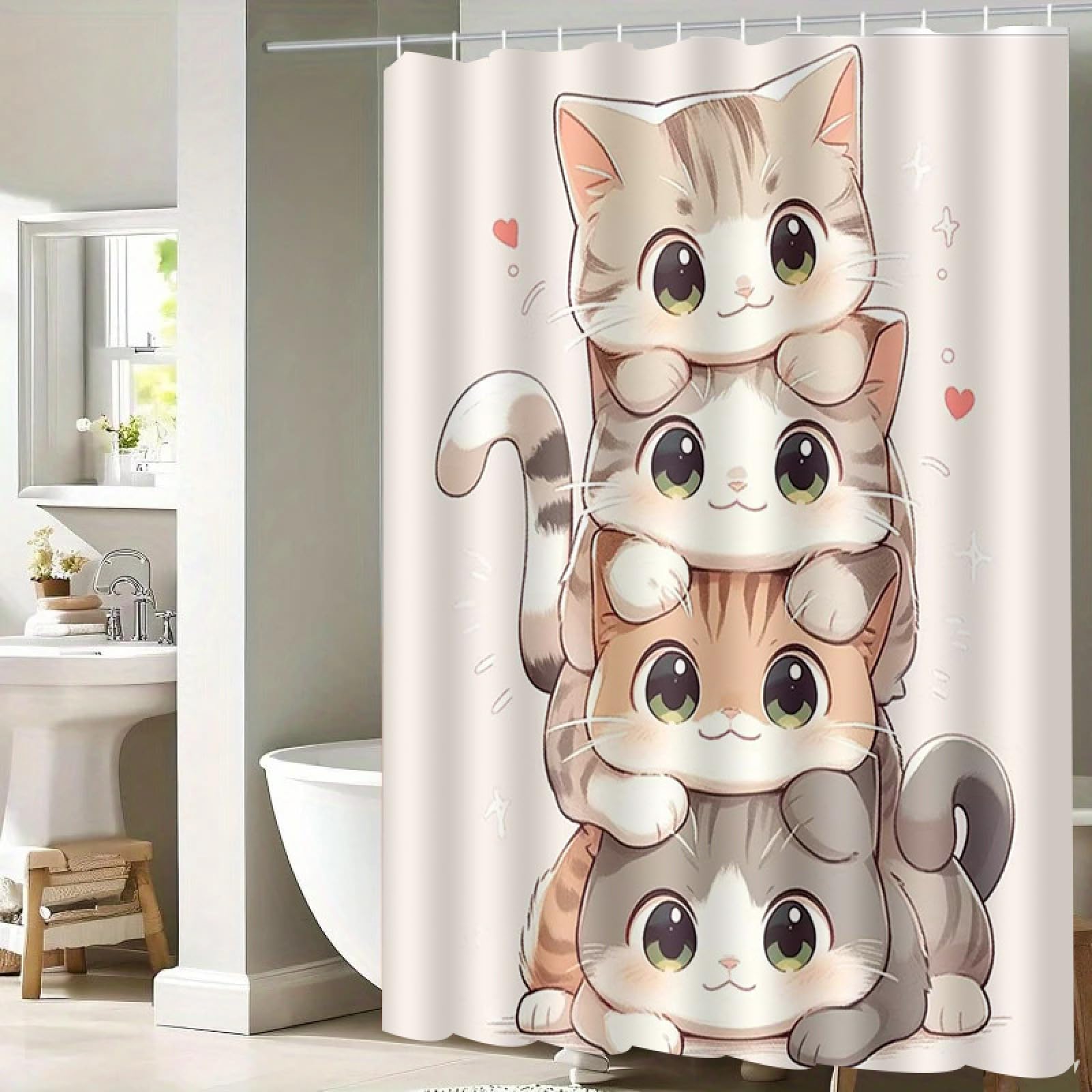 Rideau de douche chat mignon gris imperméable anti moisissure en tissu avec 12 crochets