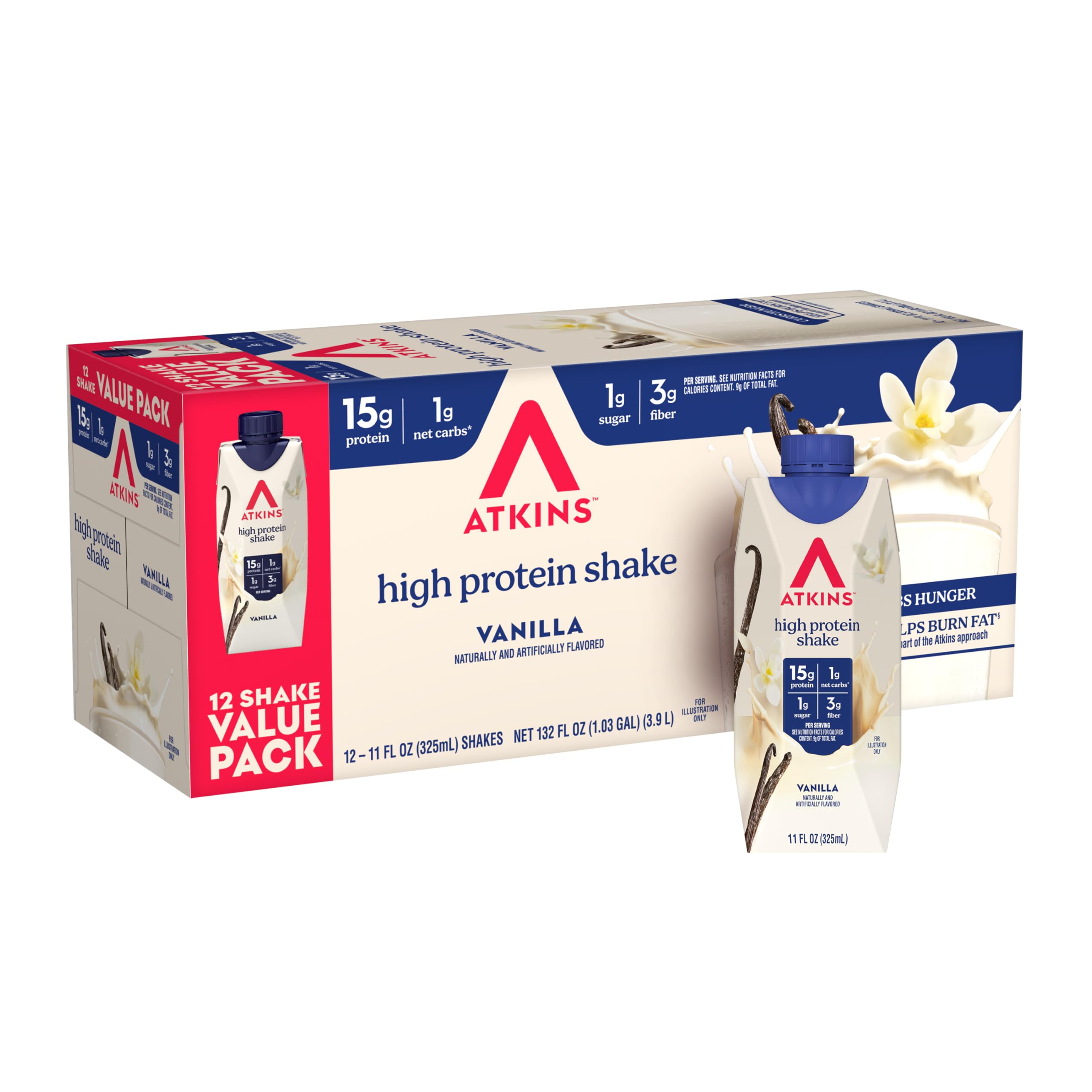 Atkins Creamy Vanilla High Protein Shake, 15g Protein, Low Glycemic, Low Carb and Low Sugar Shakes, Keto Friendly, 12 Vanilla Flavored Protein Shakes