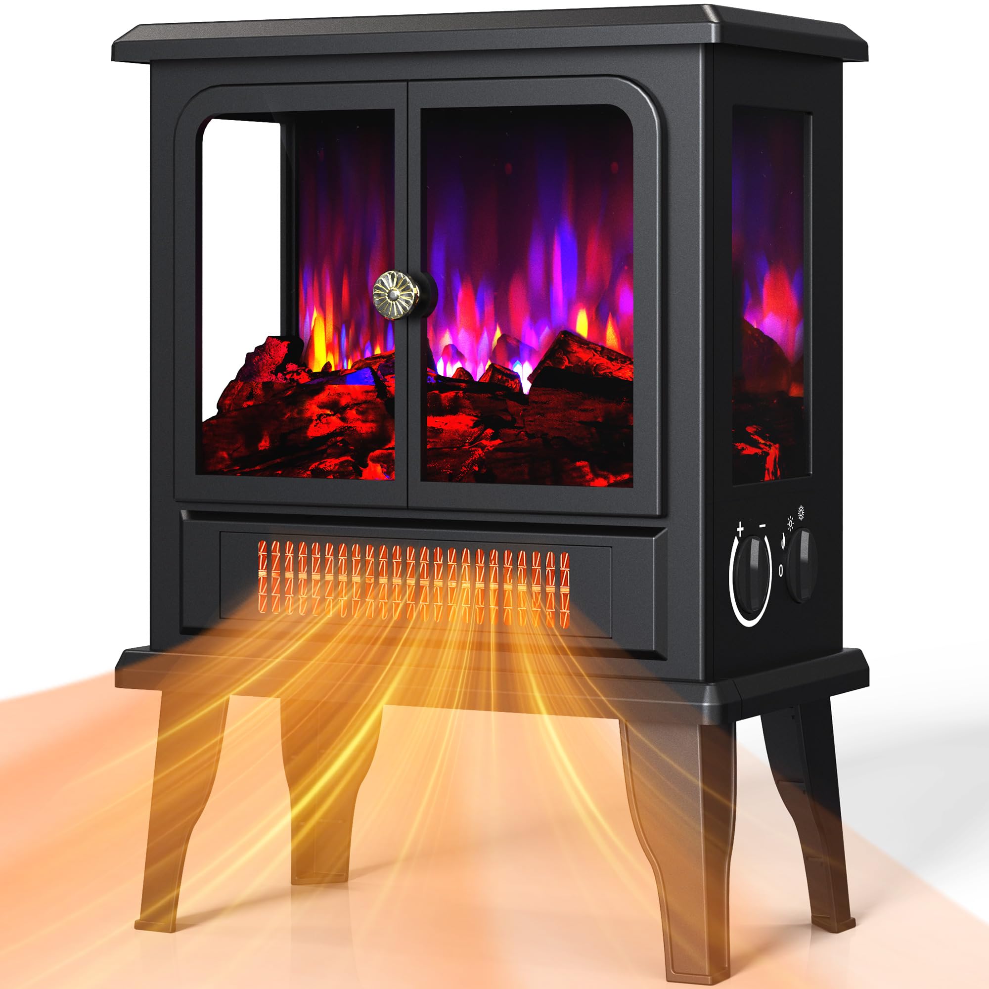 BLITZHOME Electric Fireplace Heater 18'', 3D Realistic Flame, Thermostat Control, 2 Heating Mode 750/1500W, Safety Protection, Freestanding Portable Fire Places Stove for Home Indoor, Small Space