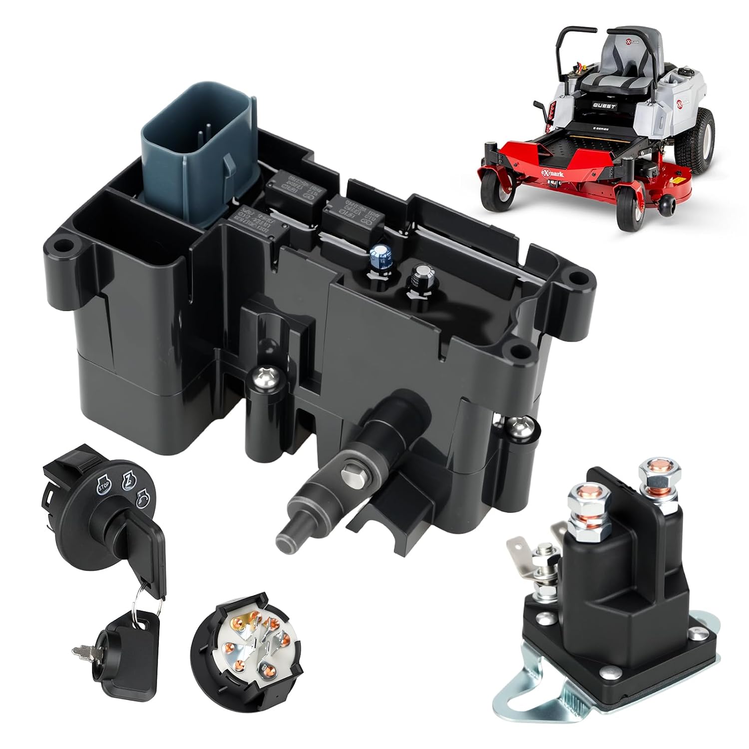 121-3017 Brake Control Module w/117-1197 Starter Solenoid, Ignition Switch with Key 5 Terminals 117-2221 for Toro TimeCutter & Exmark Quest E/S Lawn Mowers 2012-2014 Enhanced Braking Performance