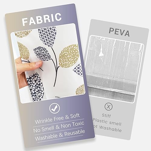 Miniatura 4 de Juego de cortina de ducha sin gancho con forro de tela a presión, doble capa de tela resistente con patrón de hojas pequeñas, cortina de baño con