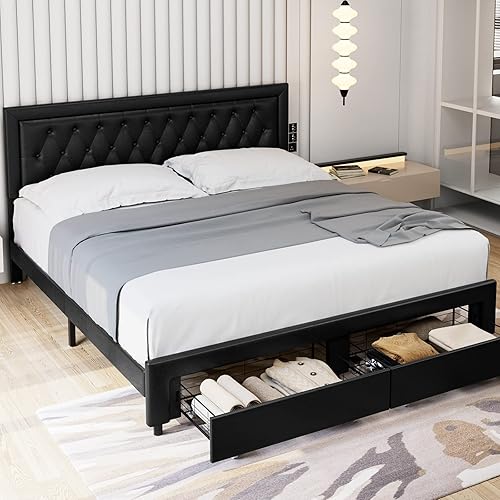 Keyluv Queen Bed Frame with 2 Storage Drawers and Adjustable Headboard, High-End Faux Leather Platform Bed with Button Tufted, Wooden Slats No Box Spring Needed/Easy Assembly, Black
