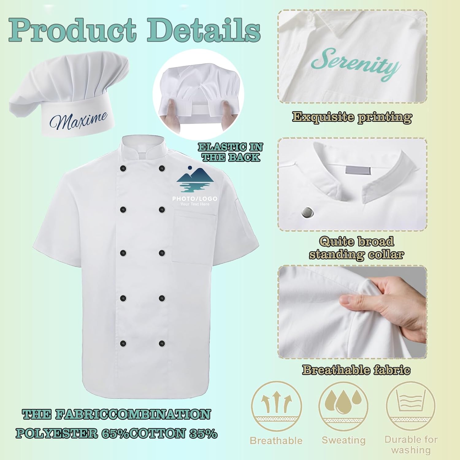 Custom Men Chef Coat Personalized Chef Jacket with Name Logo Text Customized Chef Uniform Work Shirt with Hat - Image 3
