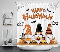 Vista 1 de HVEST Cortina de ducha de Halloween, linterna de calabaza y gnomo, cortina de ducha de baño, cortina de ducha de murciélago y araña, decorativa