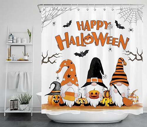 HVEST Cortina de ducha de Halloween, linterna de calabaza y gnomo, cortina de ducha de baño, cortina de ducha de murciélago y araña, decorativa,