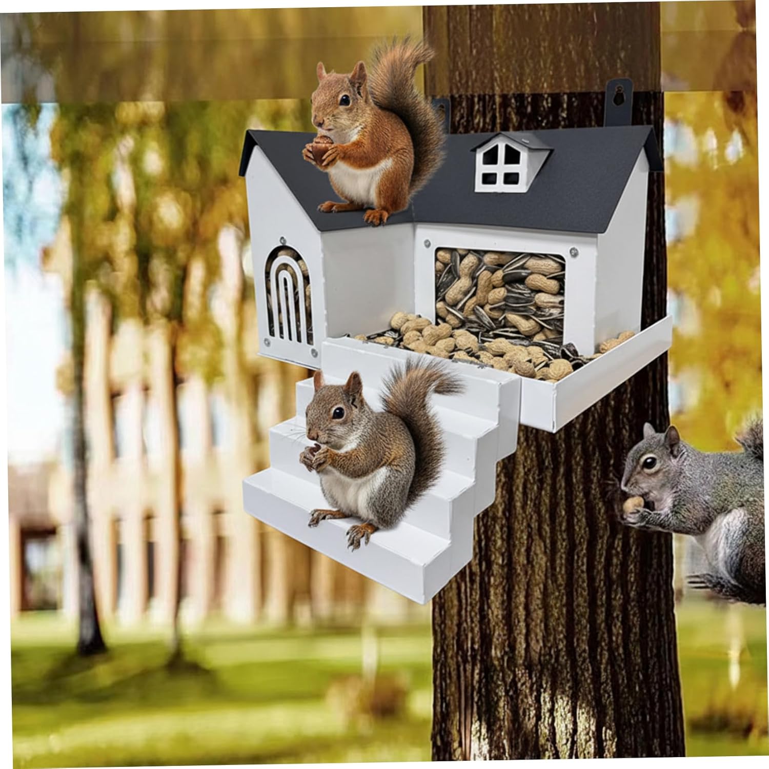 Squirrel Houses for Outside 9.4×7.3×6.4" Iron Squirrel Feeder with Clear Window & Step for Backyard Garden Outdoor House Box Nesting Box Feeders