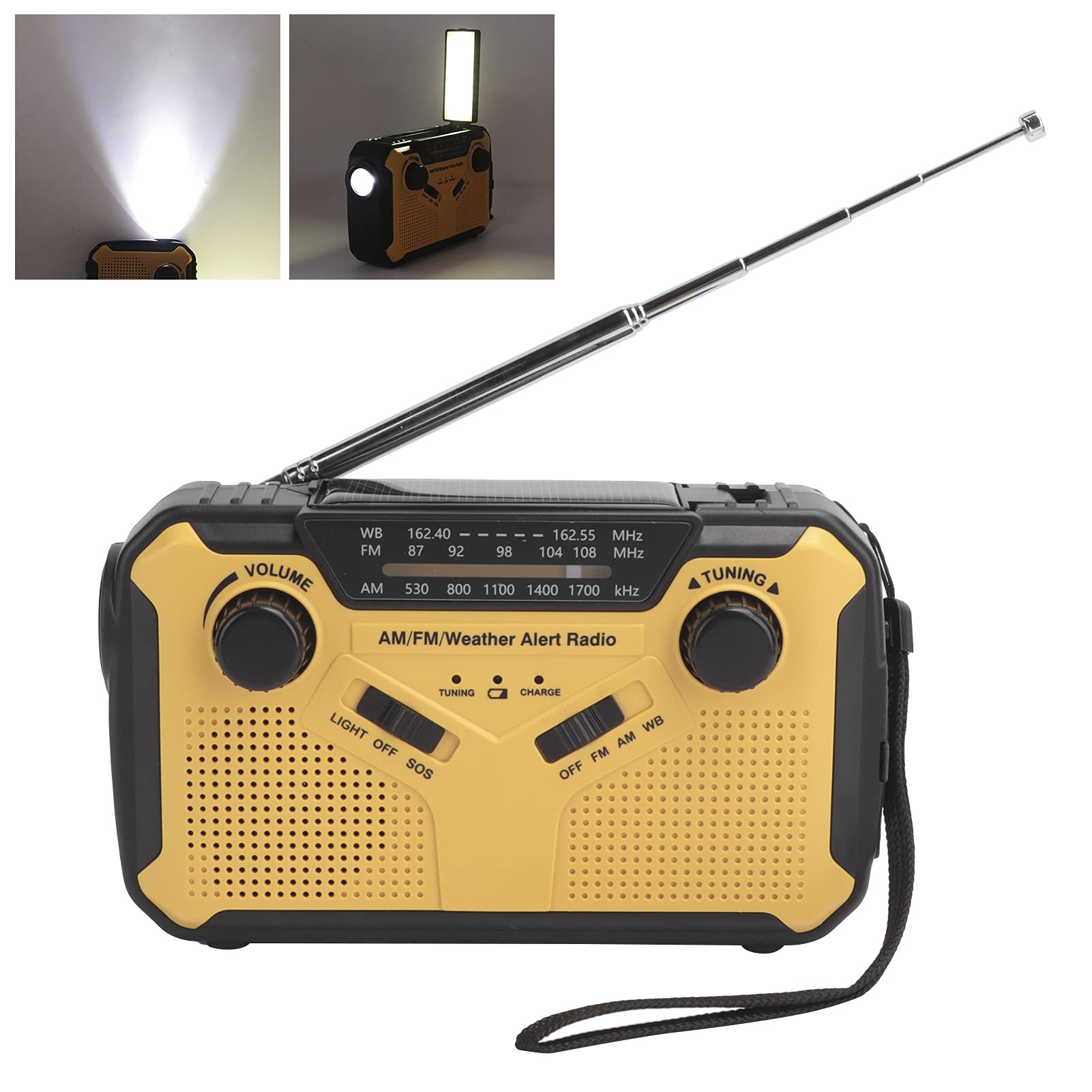 Dpofirs Radio FM AM Extérieure Portable pour SOS, Radio d'urgence Solaire avec Capacité de Batterie Portable 2500MAH, Lampe de Poche LED Lumineuse et Lampe de Lecture, Radio Météo à Manivelle