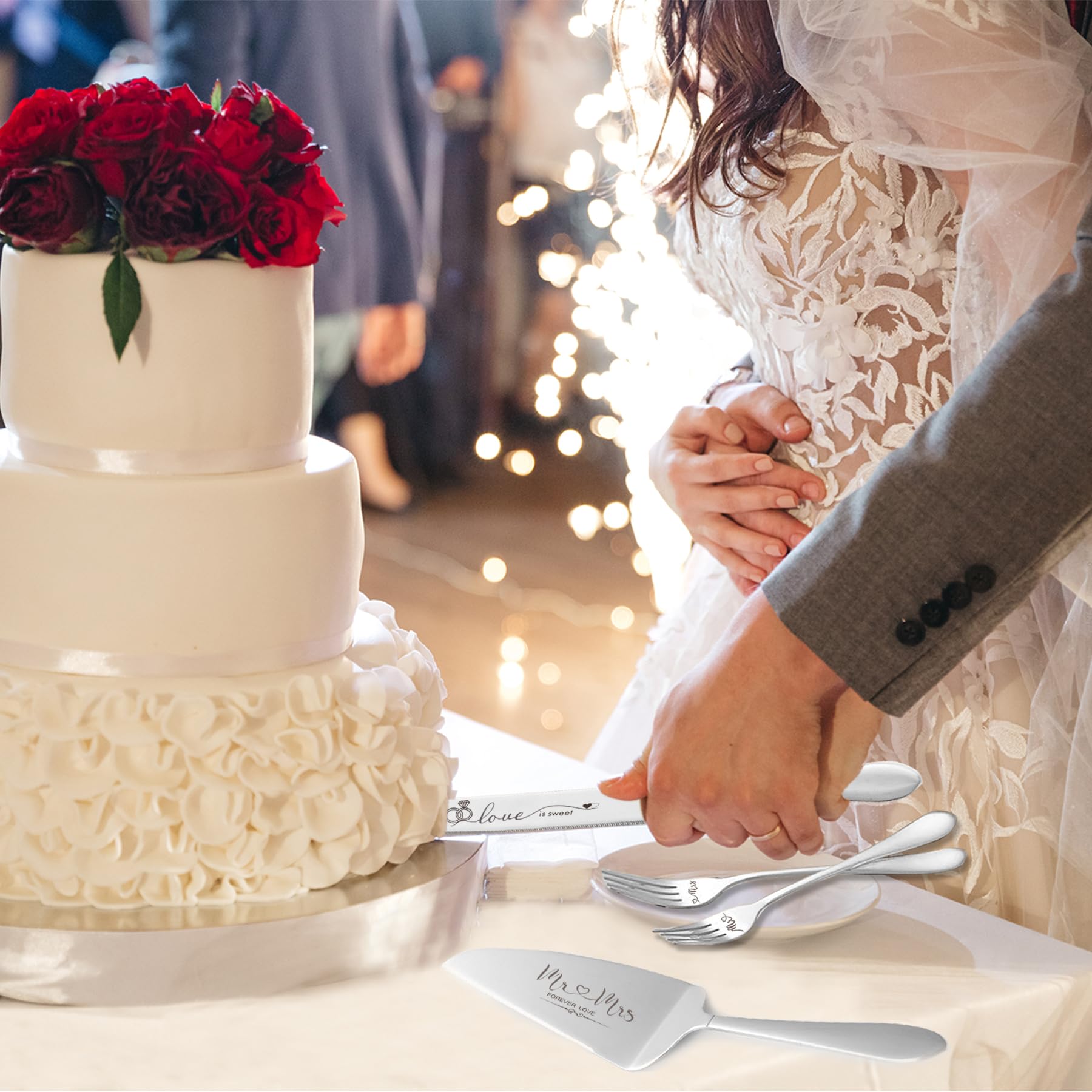 Juego de cuchillo y servidor para tartas de boda, tenedores y juego de corte de pasteles para boda para parejas 2024 (plateado)