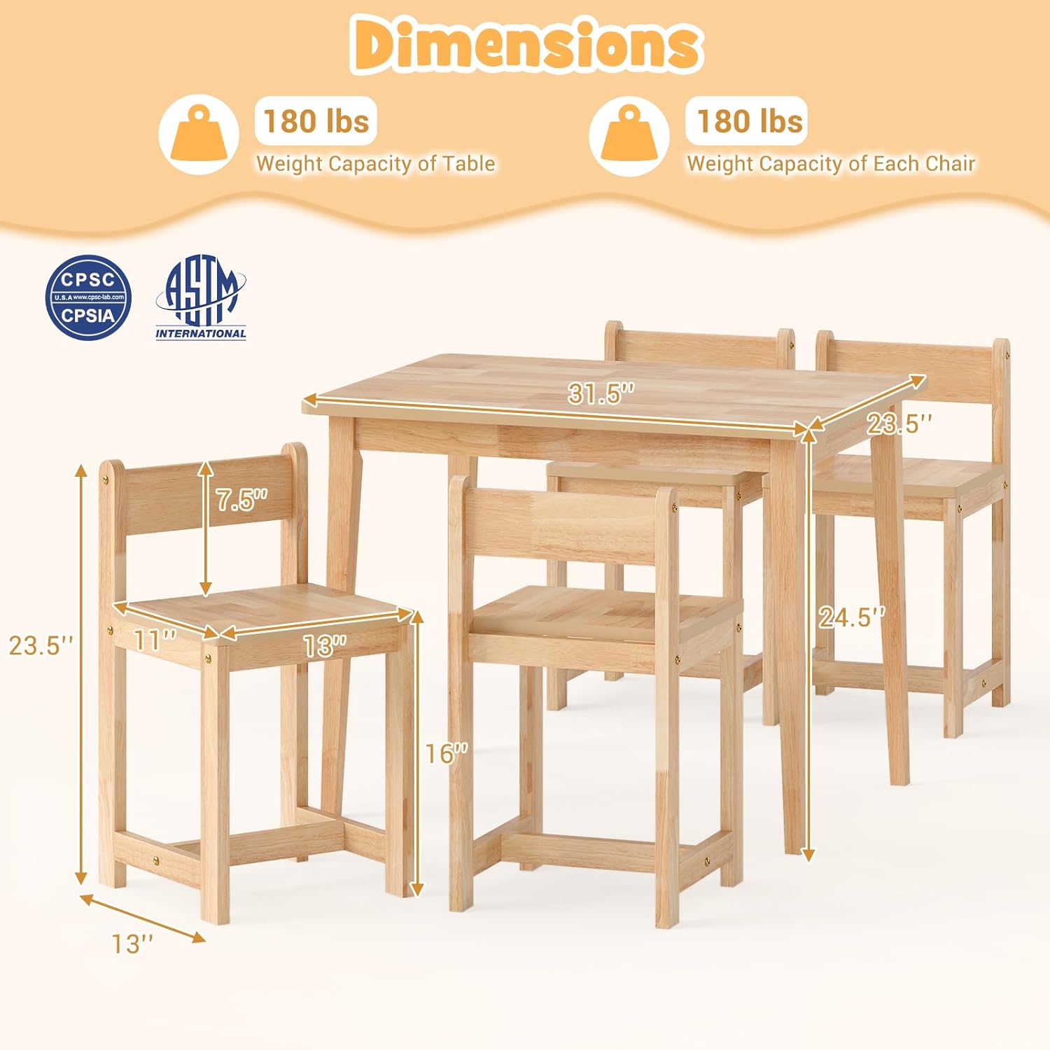 Costzon Kids Table and Chairs, 5 Pieces Rubber Wood Toddler Desk Set for Arts, Crafts, Homework & Snack Time, Kindergarten & Playroom,Toddler Table and Chair Set for Children 4+ Years Old (Natural)