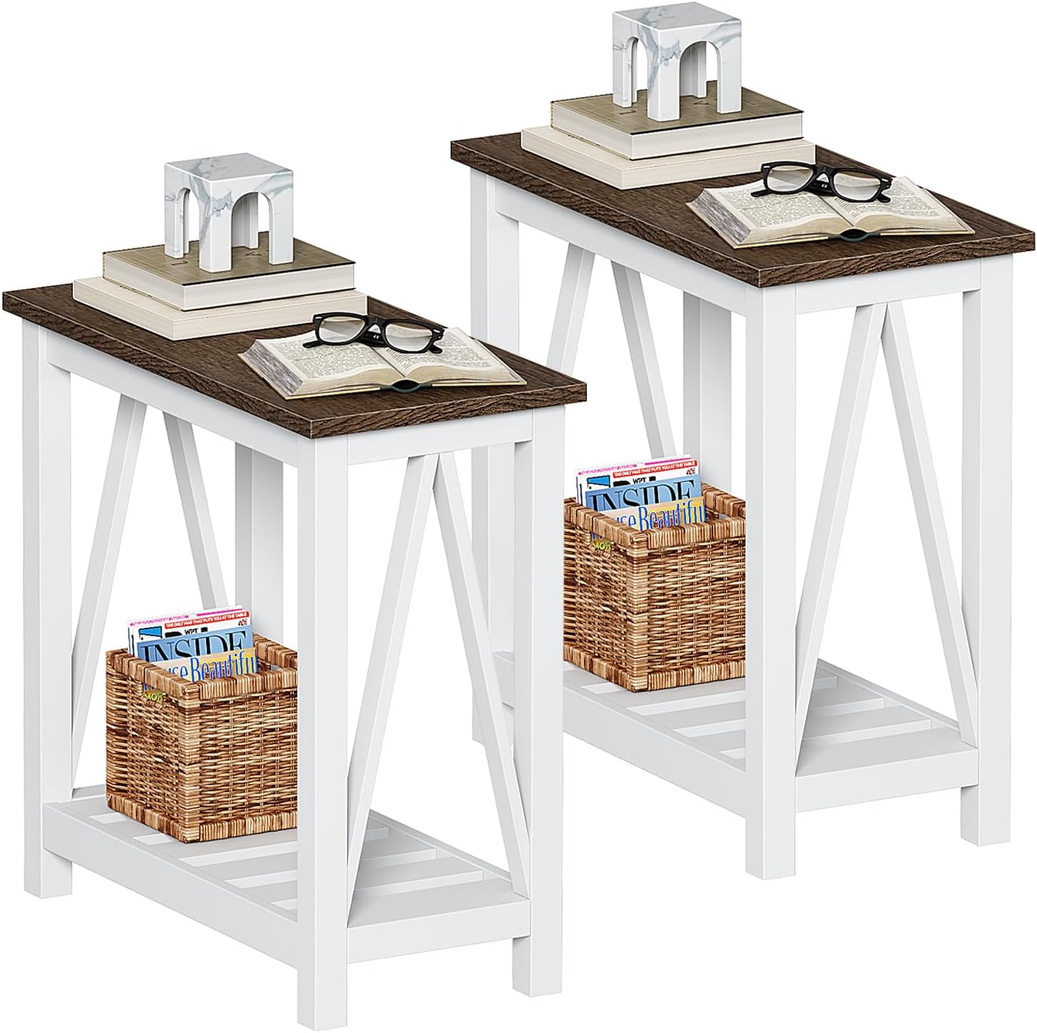 ChooChoo Farmhouse End Table Set of 2, Rustic Vintage Narrow End Side Table with Storage Shelf for Small Spaces, Nightstand Sofa Table for Living Room, Bedroom White White 2 Pack